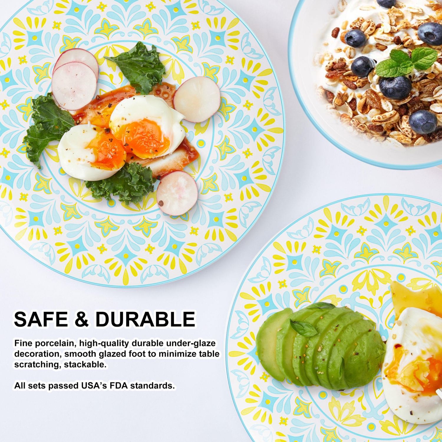 16-Piece round Porcelain Prints Dinnerware Set, Service for 4 with 10.5-inch dinner plate, 7.5-inch salad plate, 5.6-inch bowl, 12oz mug