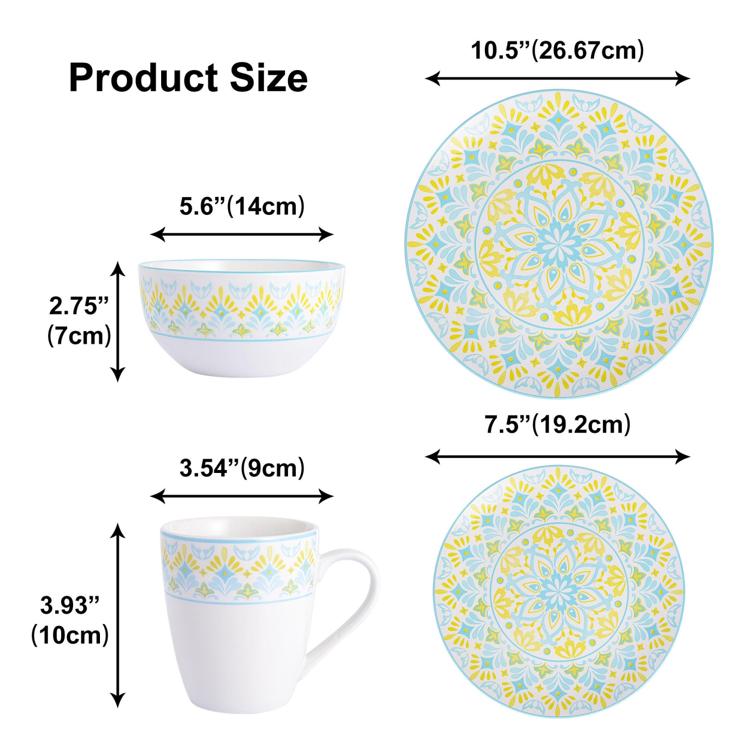 16-Piece round Porcelain Prints Dinnerware Set, Service for 4 with 10.5-inch dinner plate, 7.5-inch salad plate, 5.6-inch bowl, 12oz mug
