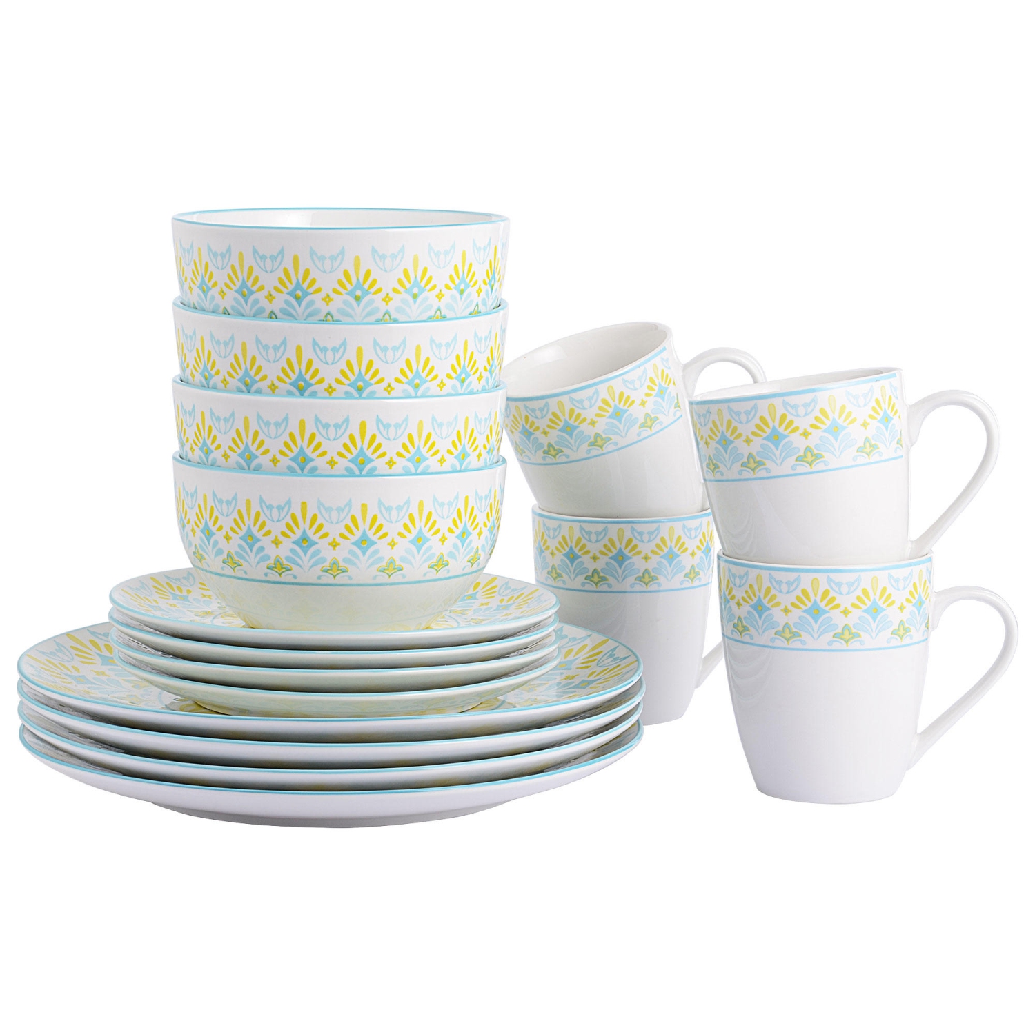 16-Piece round Porcelain Prints Dinnerware Set, Service for 4 with 10.5-inch dinner plate, 7.5-inch salad plate, 5.6-inch bowl, 12oz mug