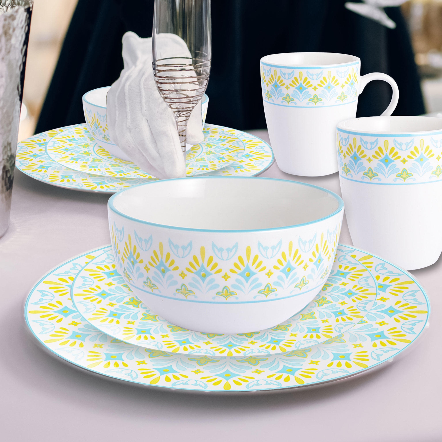 16-Piece round Porcelain Prints Dinnerware Set, Service for 4 with 10.5-inch dinner plate, 7.5-inch salad plate, 5.6-inch bowl, 12oz mug