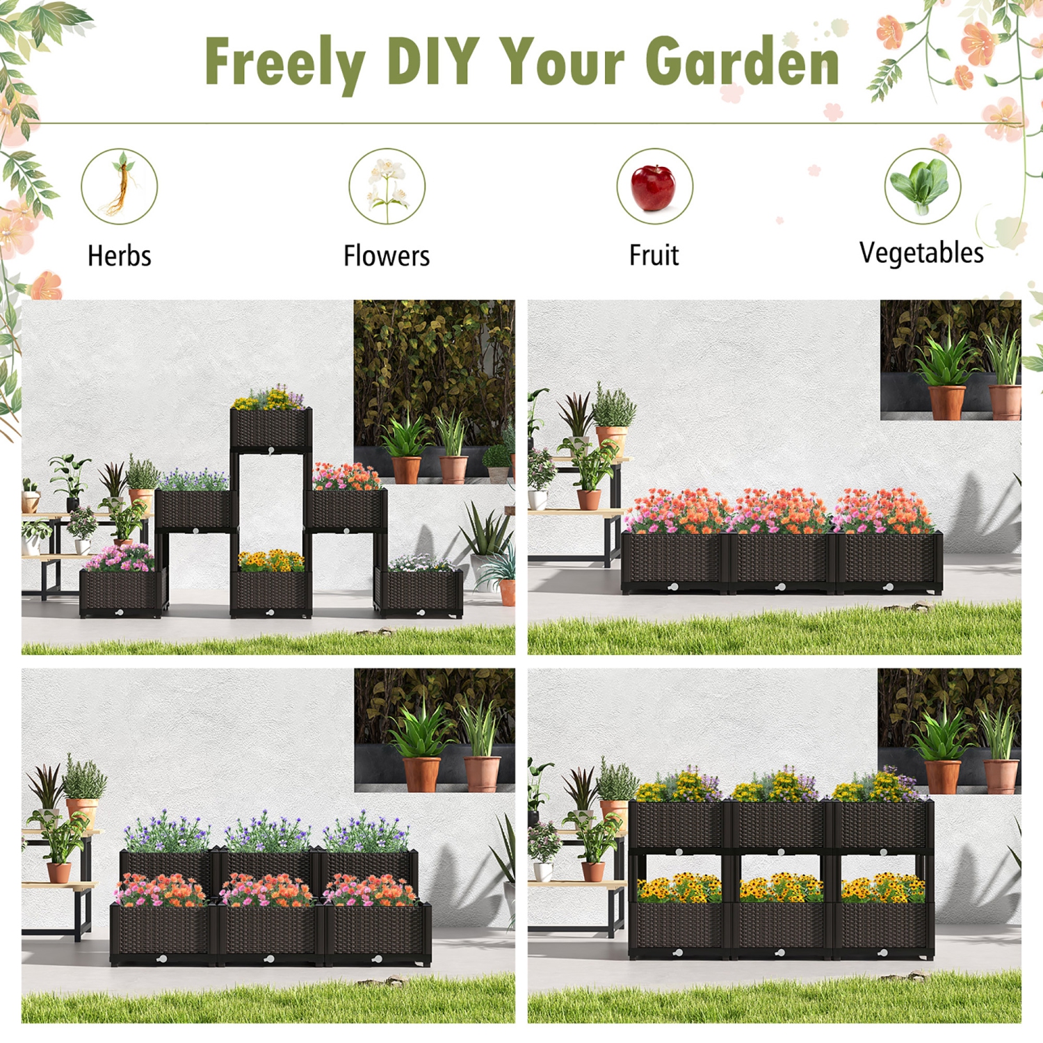 Gymax 4 PCS Elevated Plastic Raised Garden Bed Planter Kit for Flower Vegetable Grow