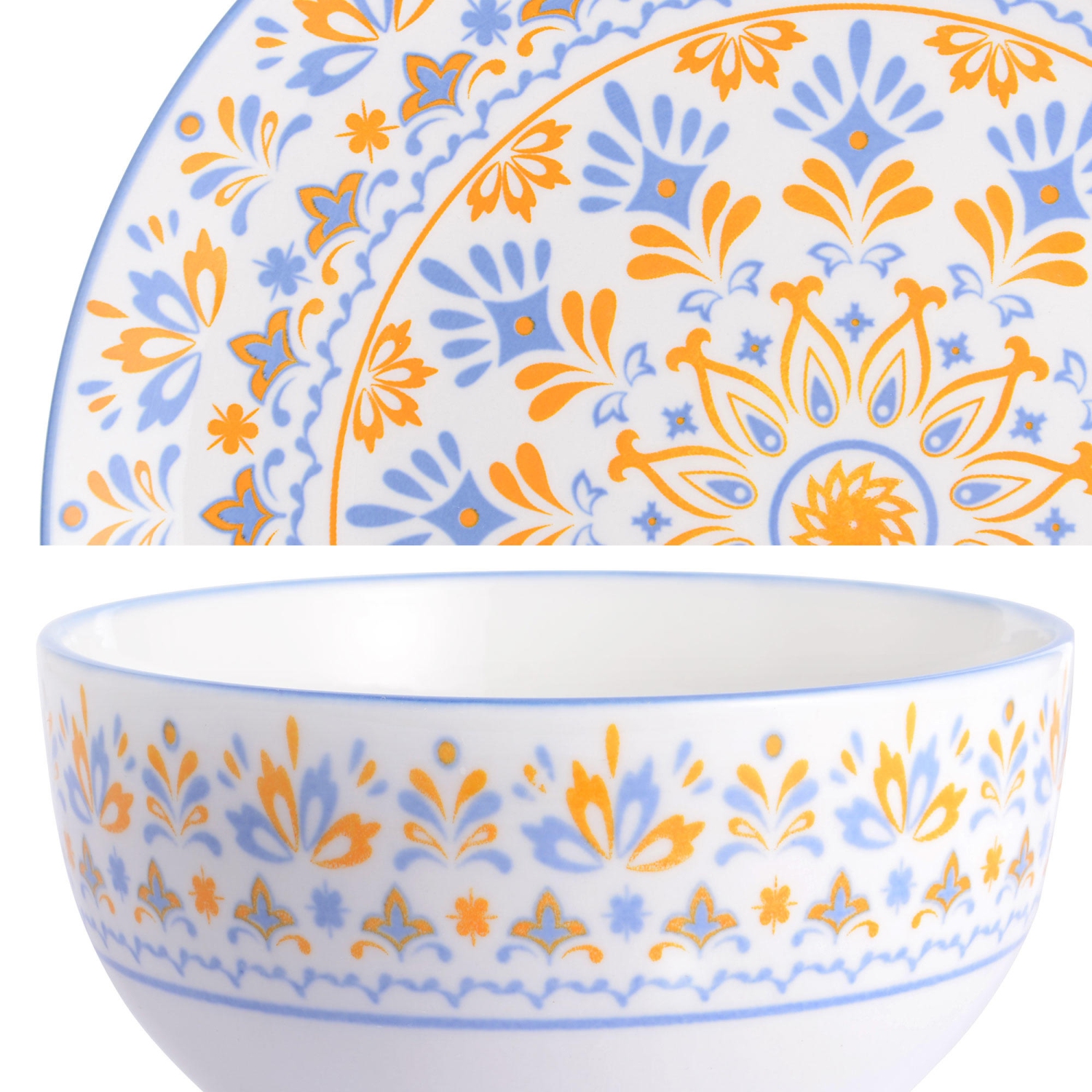 12-Piece Round Vintage Floral Porcelain Dinnerware Set, Service for 4, 4 each of 10.5-inch dinner plates, 7.5-inch salad plates, 5.6-inch bowls