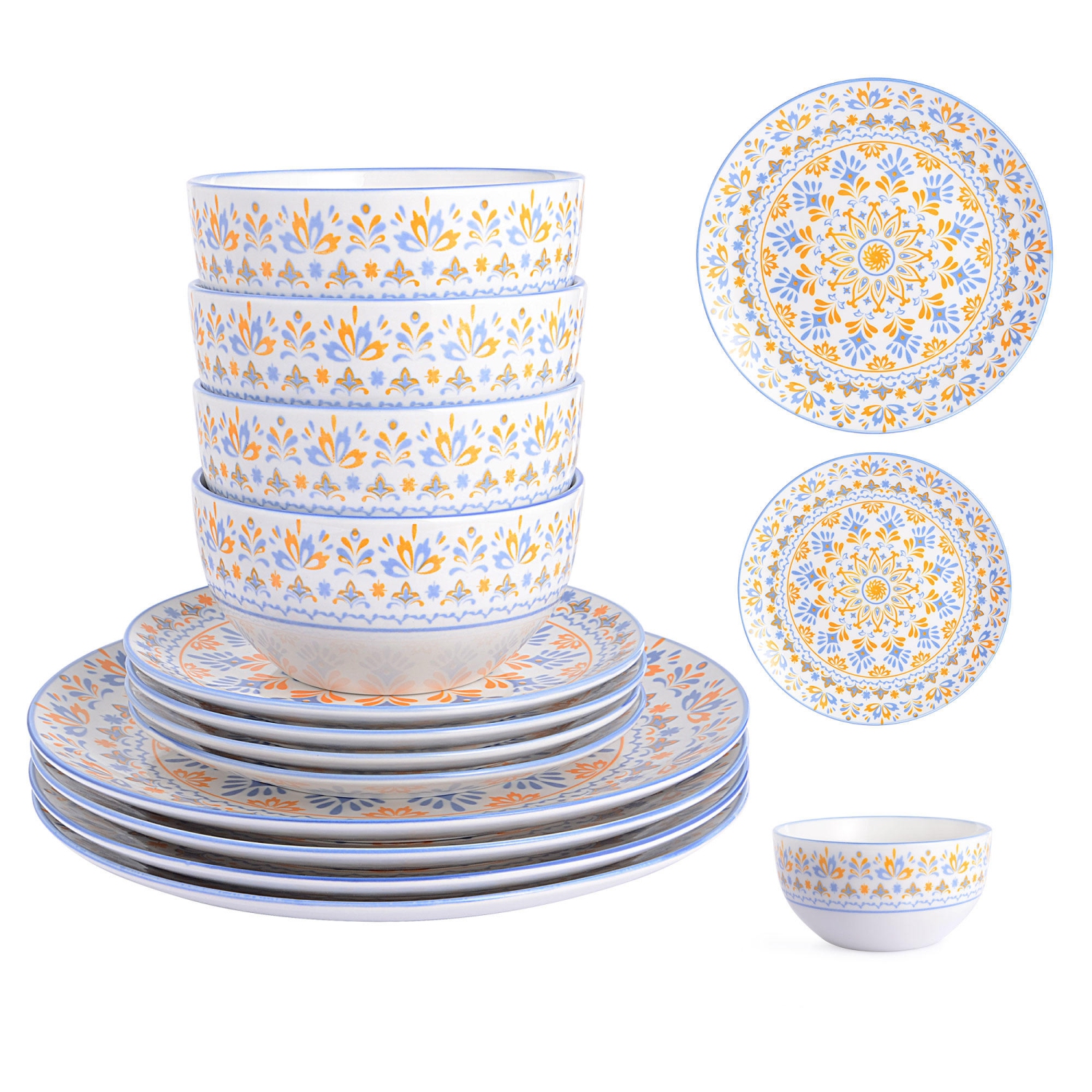 12-Piece Round Vintage Floral Porcelain Dinnerware Set, Service for 4, 4 each of 10.5-inch dinner plates, 7.5-inch salad plates, 5.6-inch bowls