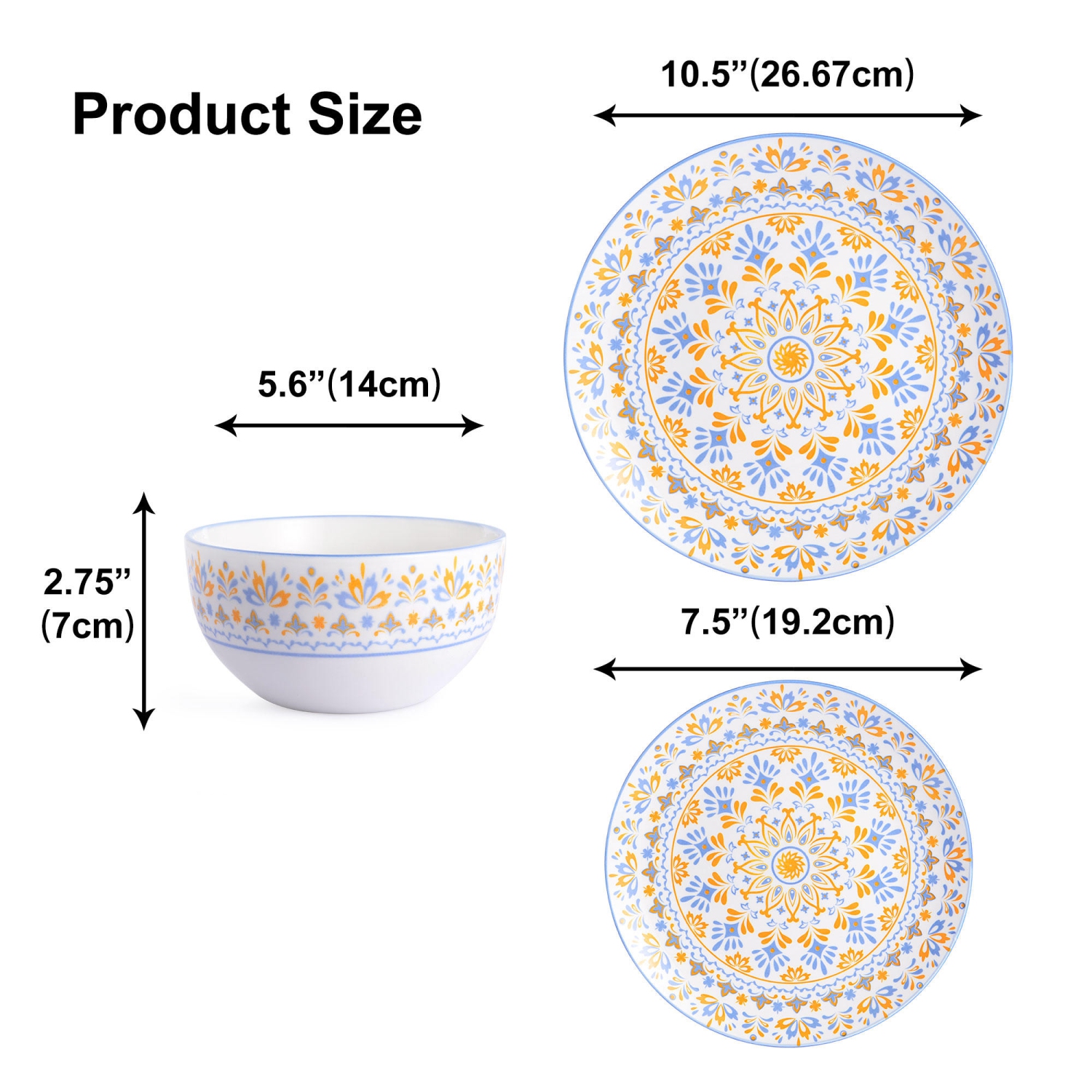 12-Piece Round Vintage Floral Porcelain Dinnerware Set, Service for 4, 4 each of 10.5-inch dinner plates, 7.5-inch salad plates, 5.6-inch bowls