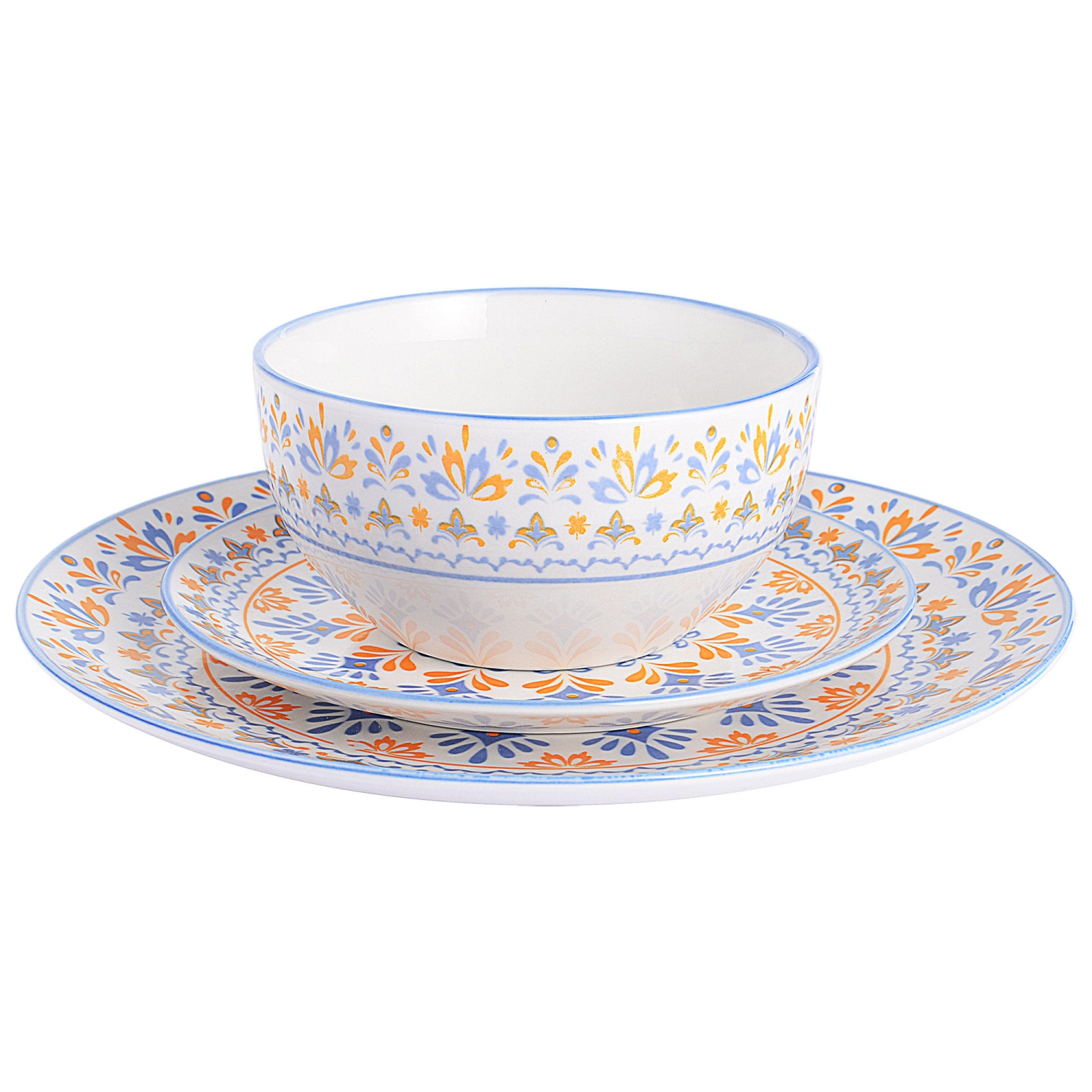 12-Piece Round Vintage Floral Porcelain Dinnerware Set, Service for 4, 4 each of 10.5-inch dinner plates, 7.5-inch salad plates, 5.6-inch bowls