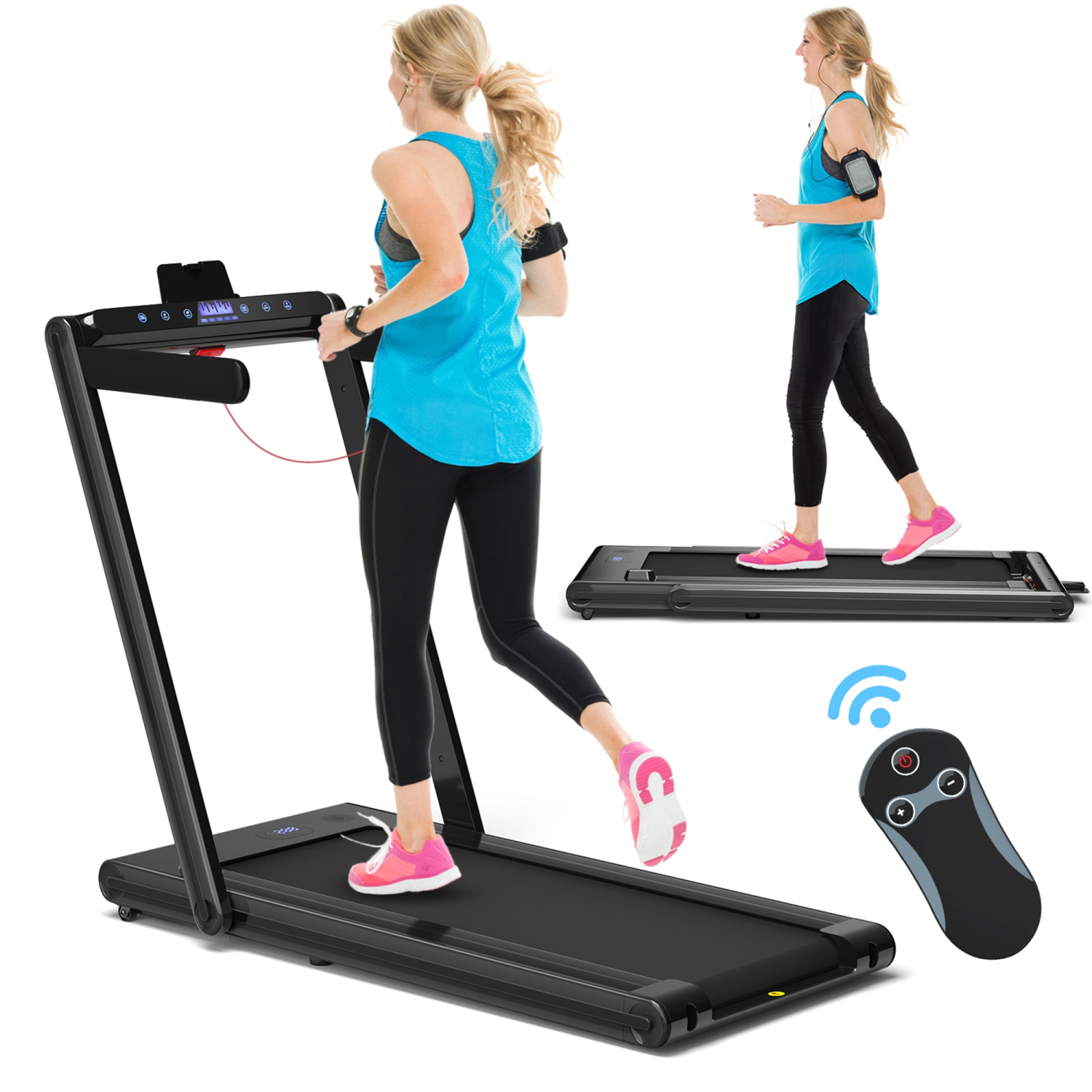 Portable for Home Gym Small Apartment Remote Folding 2 in 1 Electric Running Walking Machine with Smart App Control Blue Tooth Speaker & Dual LED Screen Monitor GYMAX Under Desk Treadmill 