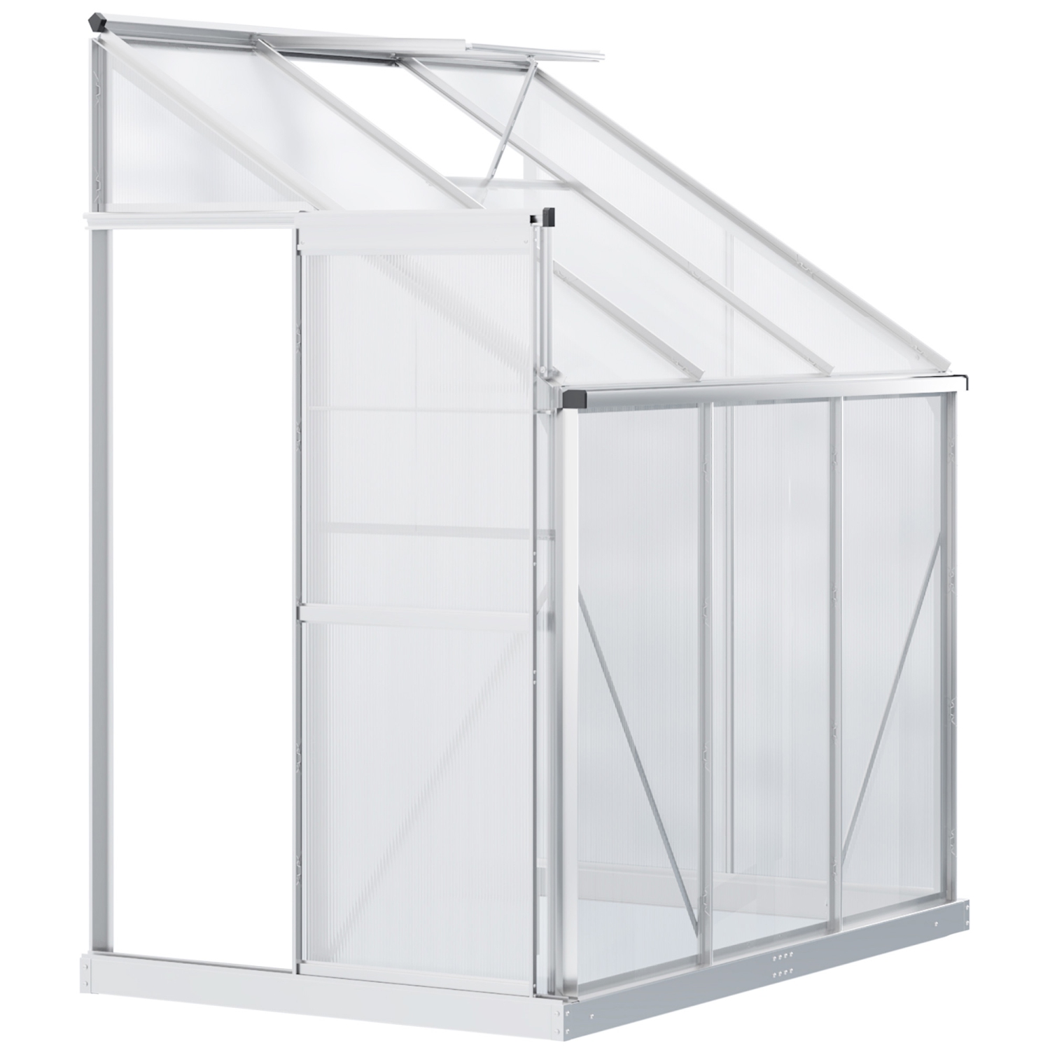 Outsunny 6' x 4' x 7' Lean-to Polycarbonate Greenhouse with Sliding Door and Roof Vent, Walk-in Garden Green House with Aluminium Frame for Plants Herbs Vegetables, Silver