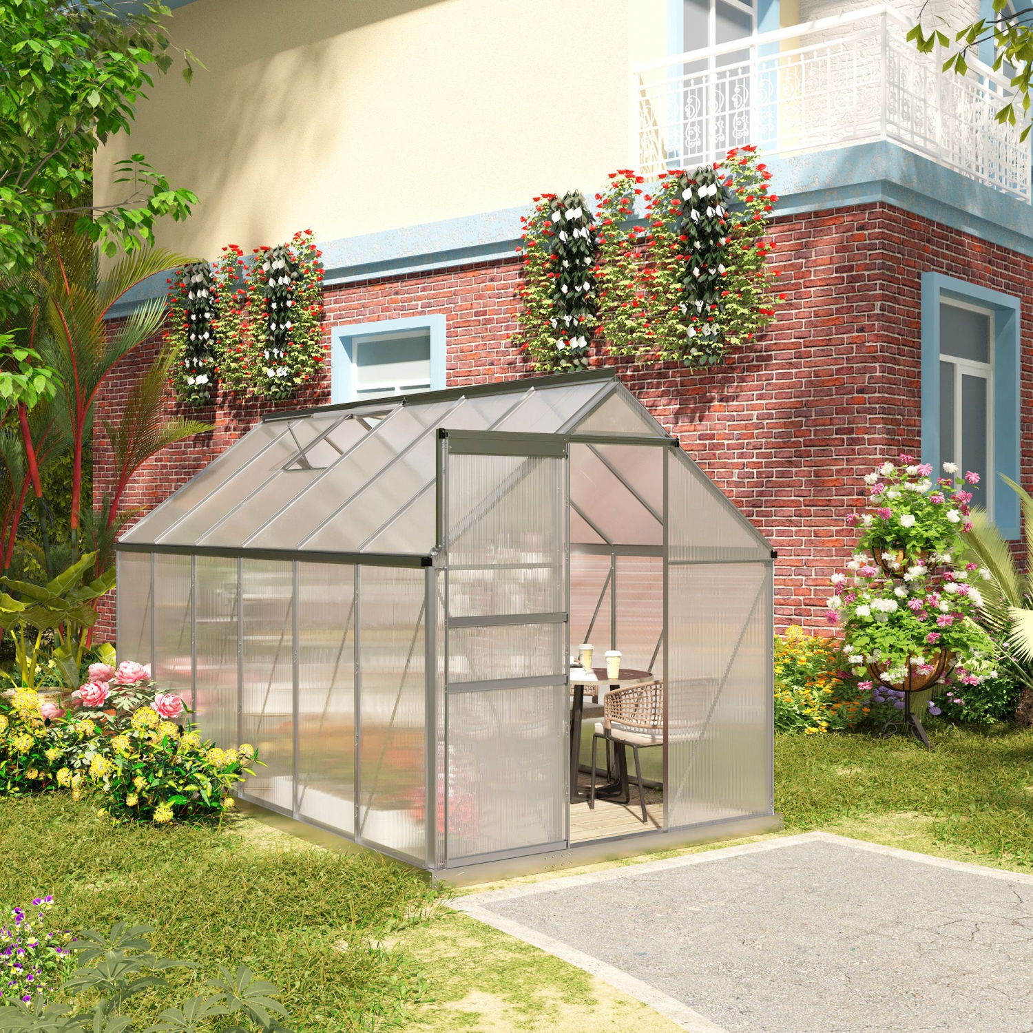 Serre en polycarbonate de 6 x 12 x 6,5 pi, maison verte avec évent de toit réglable, base galvanisée, porte coulissante et gouttière pour