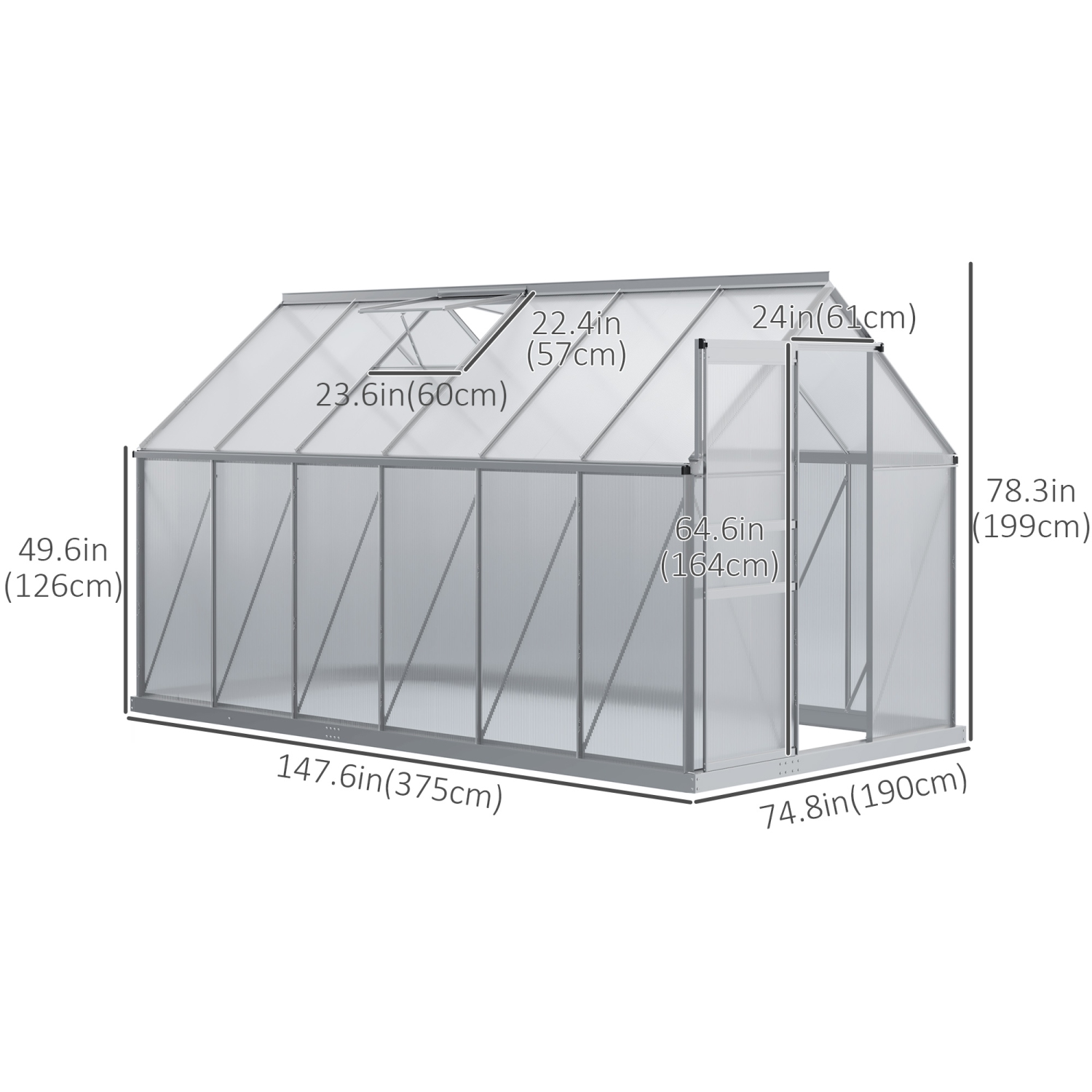 Serre en polycarbonate de 6 x 12 x 6,5 pi, maison verte avec évent de toit réglable, base galvanisée, porte coulissante et gouttière pour