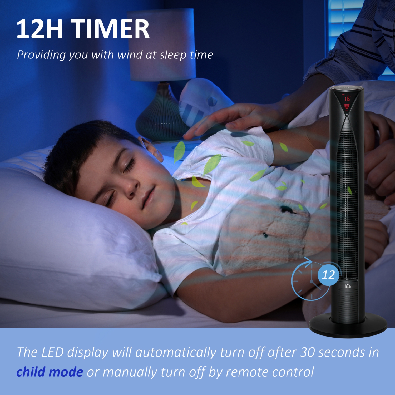 Ventilateur vertical autonome de HOMCOM pour chambre à coucher avec oscillation, 4 modes, 3 vitesses, minuterie 12&nbsp;h, panneau à capteur DEL,