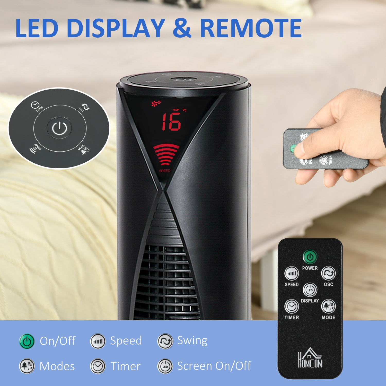 Ventilateur vertical autonome de HOMCOM pour chambre à coucher avec oscillation, 4 modes, 3 vitesses, minuterie 12&nbsp;h, panneau à capteur DEL,