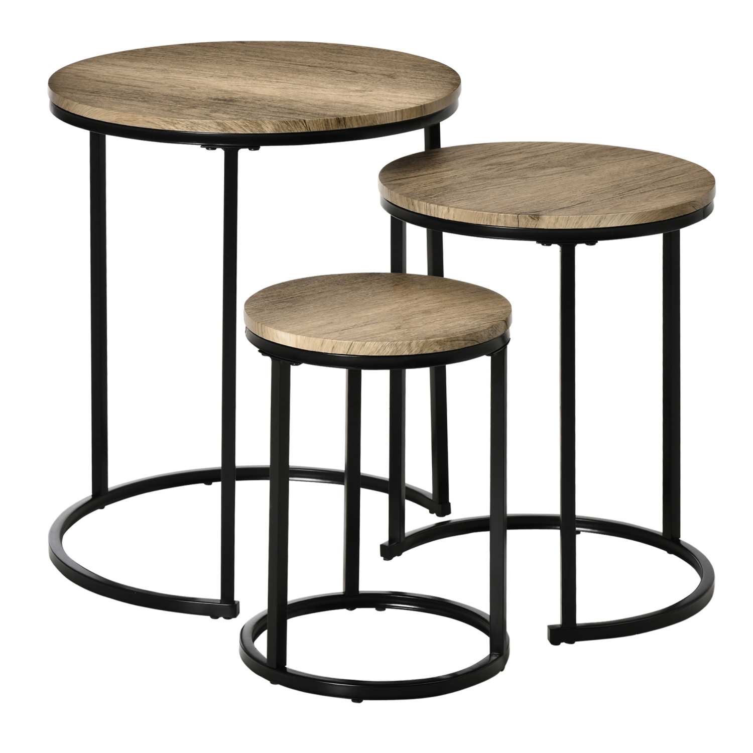 HOMCOM – Ensemble de 3 tables gigognes, table basse ronde, tables d’appoint empilables modernes avec cadre en acier de grain de bois pour salon,