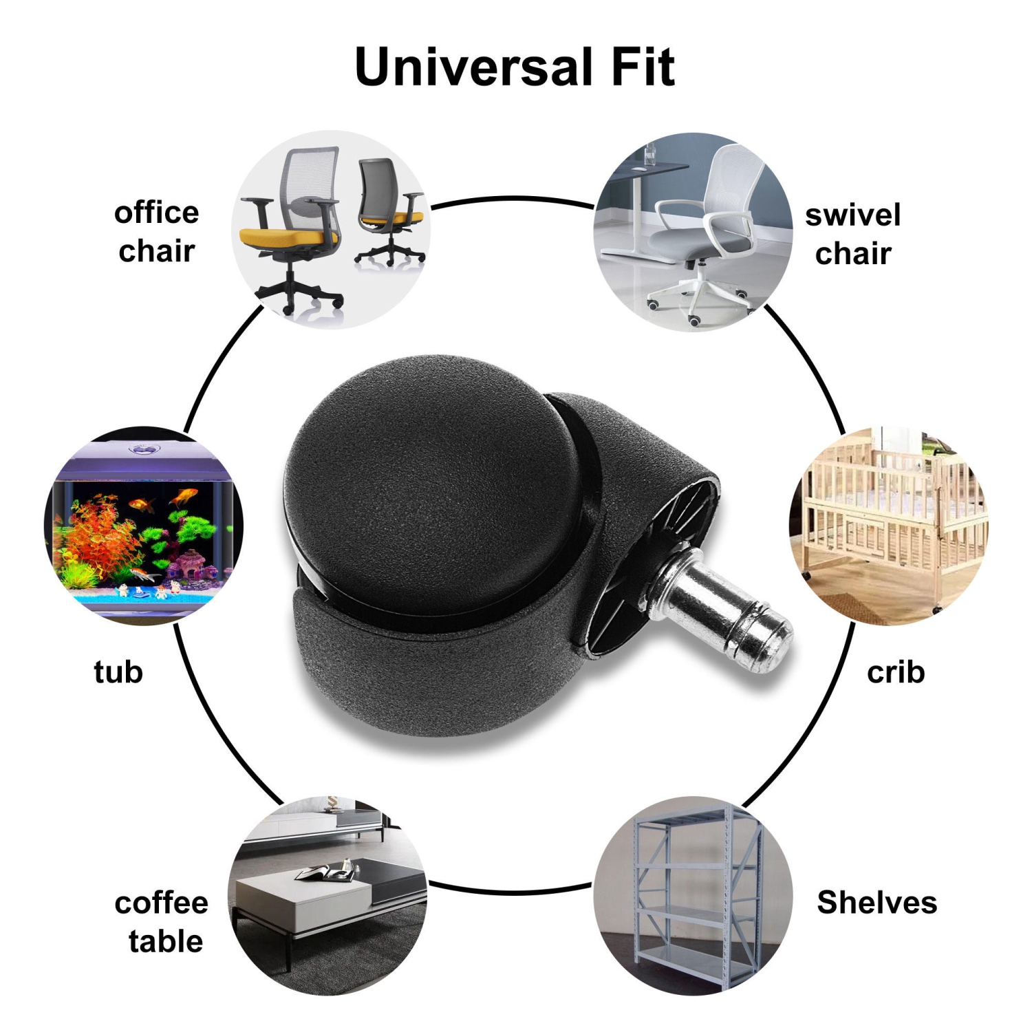 Universal Office Task Chair Casters, Encased with Nylon material,Set of 5, Black