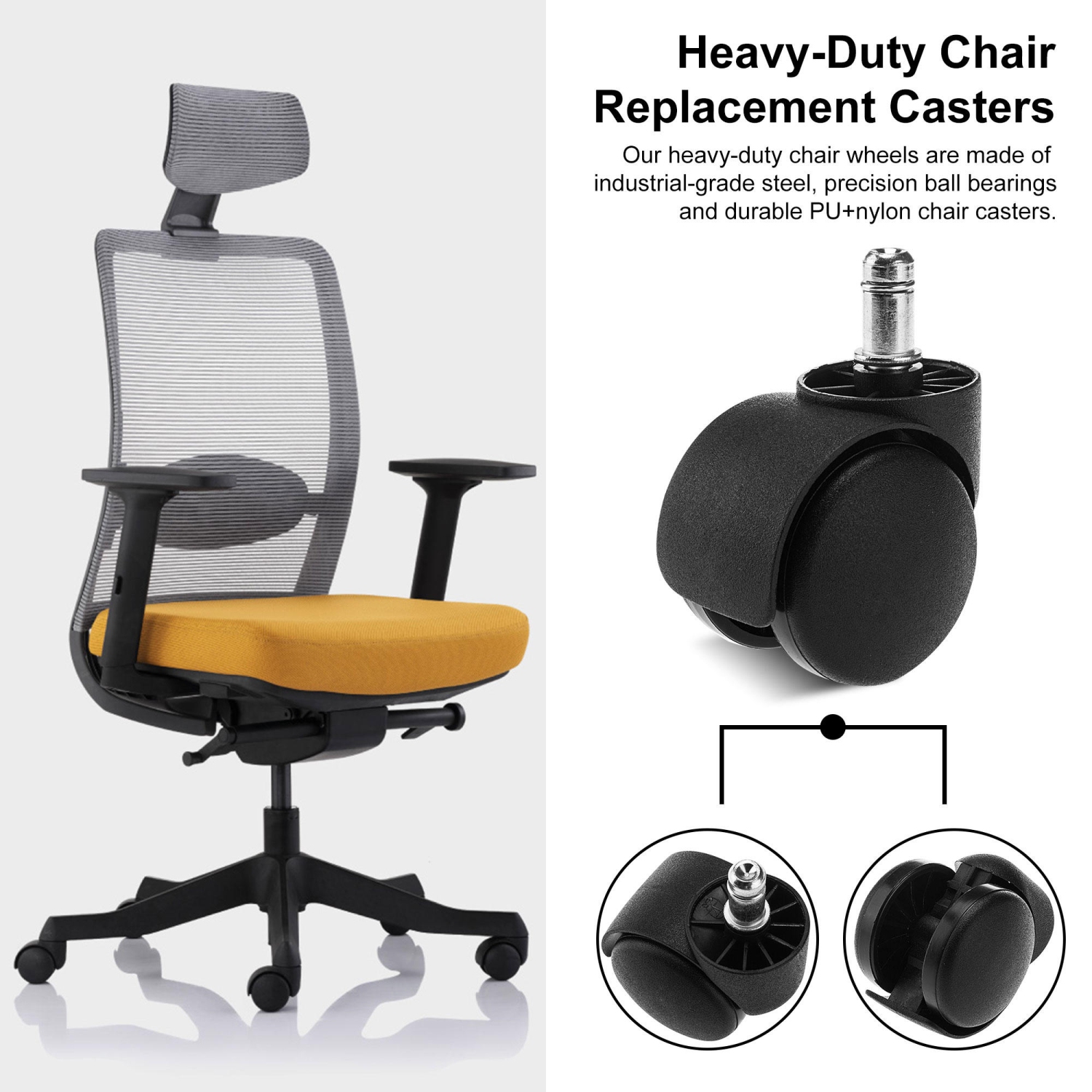 Universal Office Task Chair Casters, Encased with Nylon material,Set of 5, Black