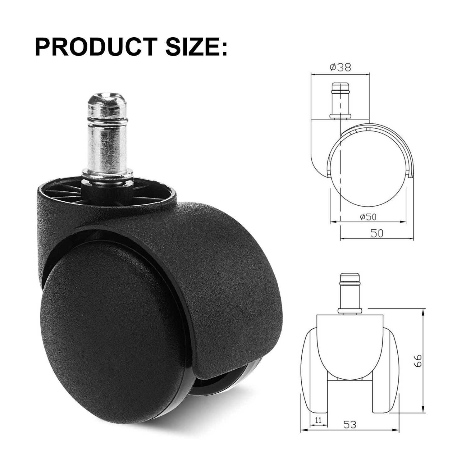 Universal Office Task Chair Casters, Encased with Nylon material,Set of 5, Black