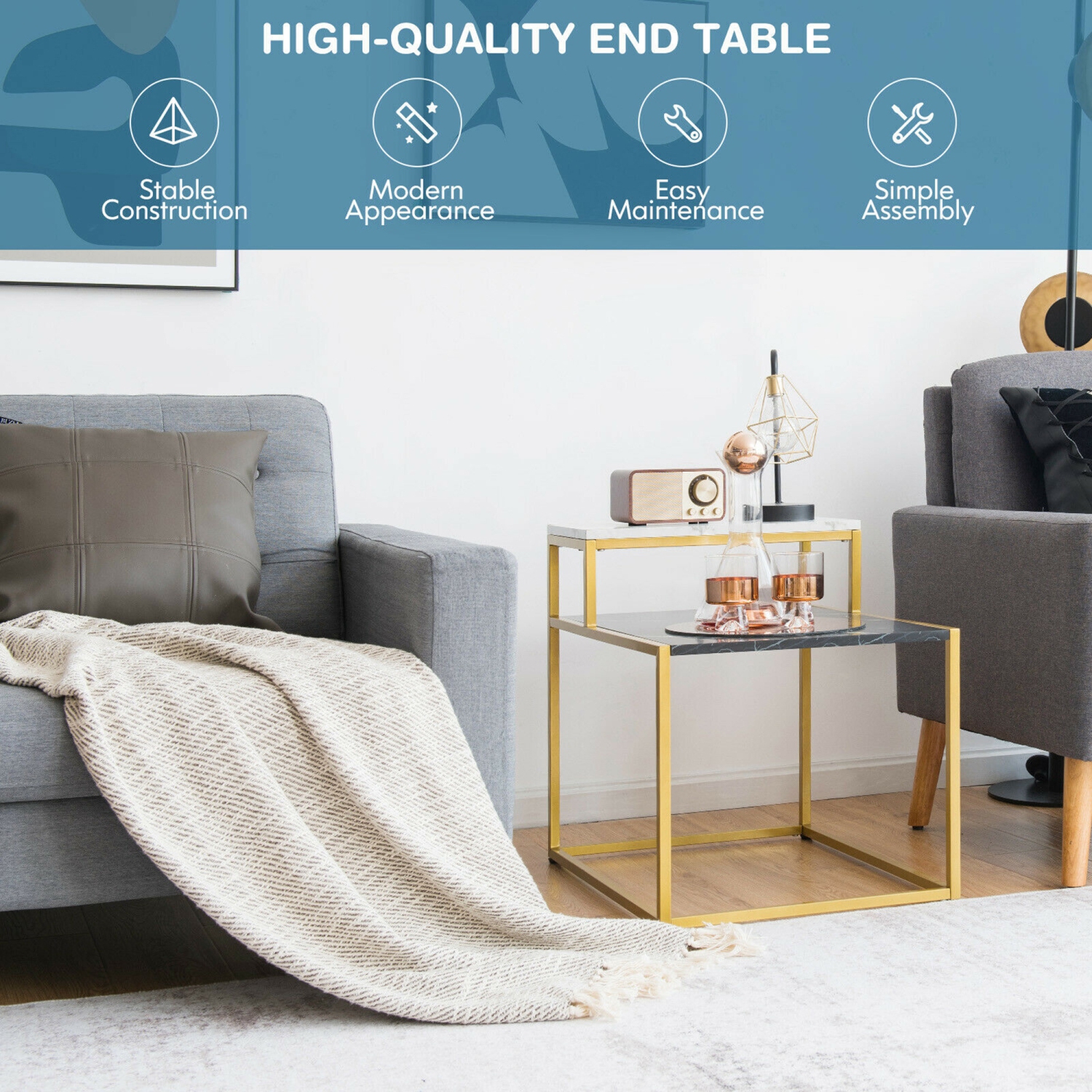 Gymax 2 Tier End Side Table Metal Frame Nightstand with Storage Shelf Living Room