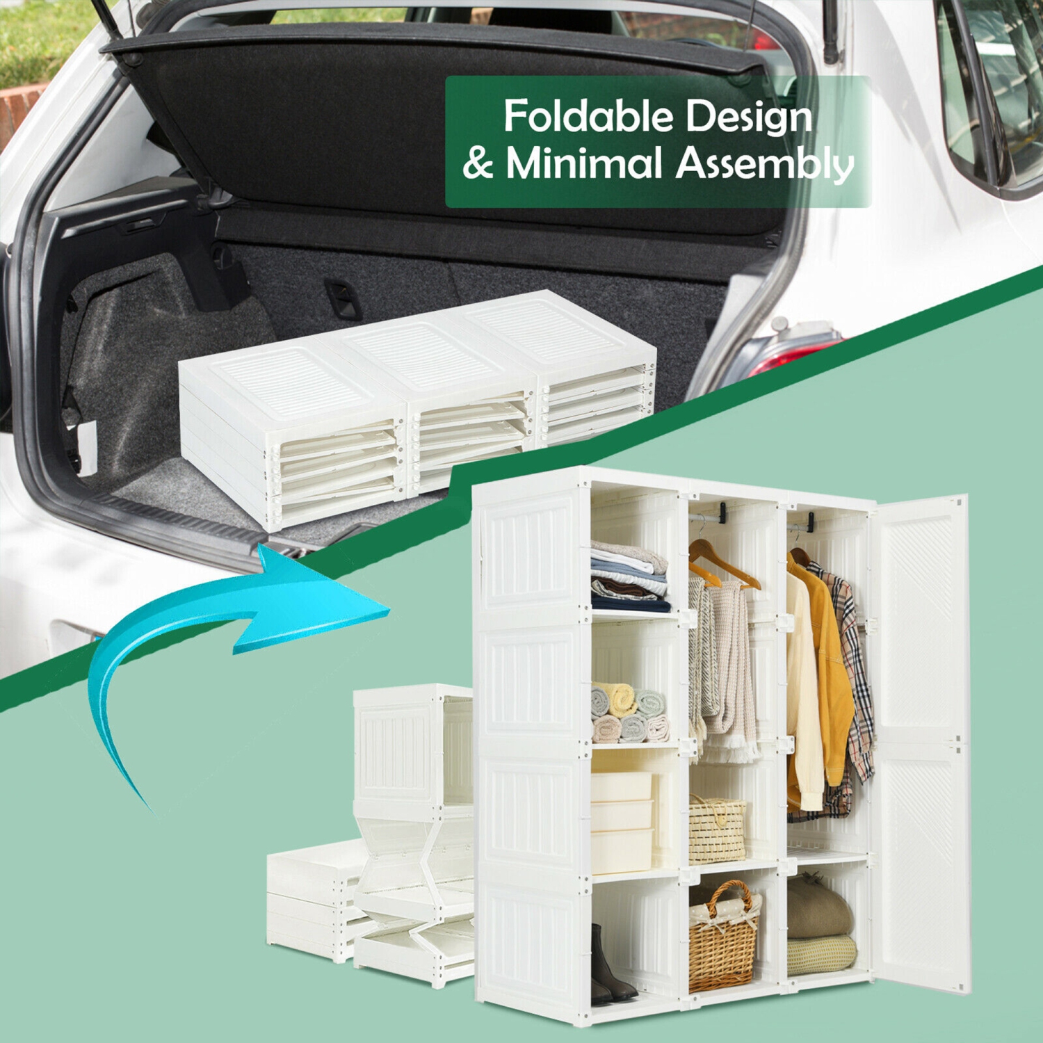 Garde-robe pliable pour armoire portative Gymax avec 8 tiges suspendues