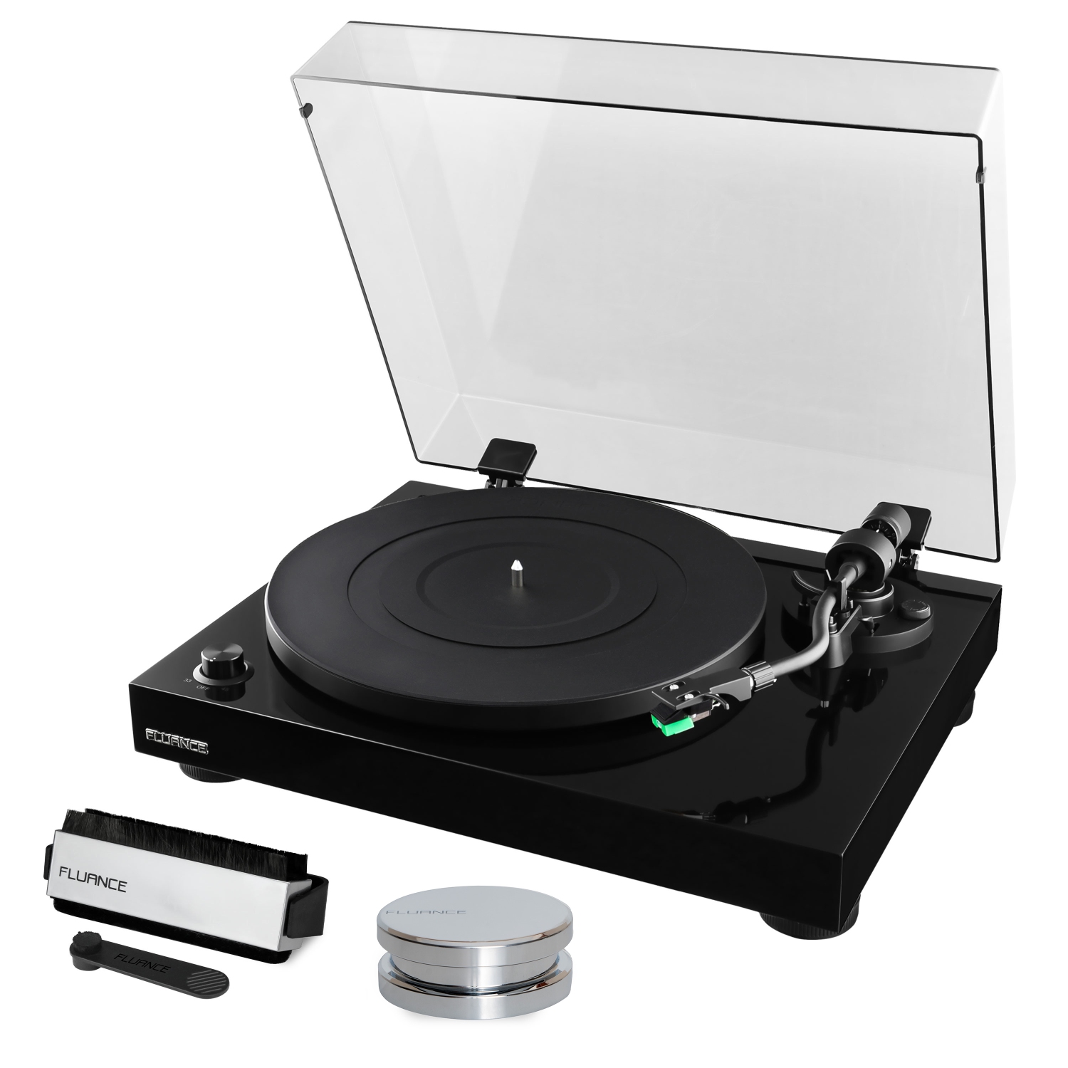 Tourne-disque en vinyle Elite RT81 de Fluance, cartouche d’Audio Technica avec poids de disque et trousse de nettoyage pour vinyle