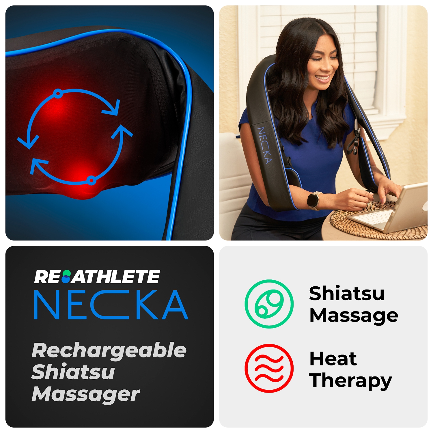 NECKA: REATHLETE Neck Massager | Shiatsu Neck & Back Massager with Heat | Massagers for Neck and Back for Neck Pain Relief & Back Pain Relief | Also