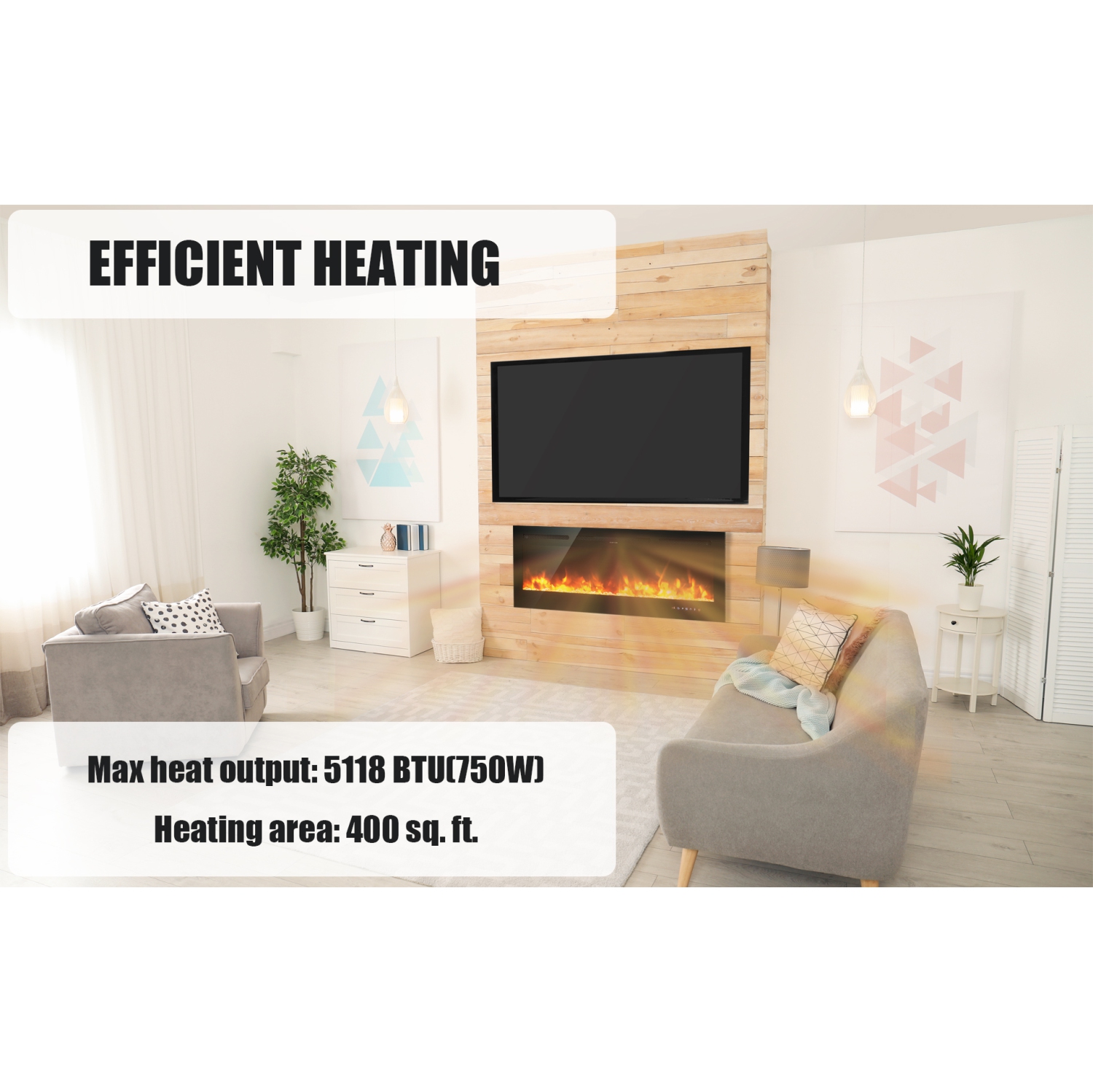 Topbuy 36"/40"/50" Recessed Electric Fireplace Wall Mounted Heater w/Remote Control 750W/1500W mode Adjustable Flame