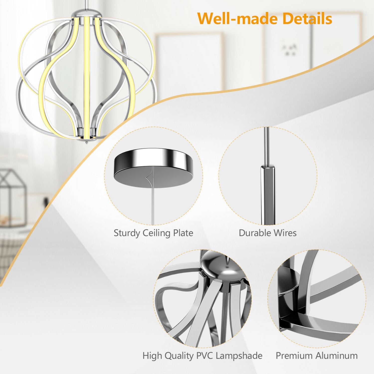 Gymax Dimmable Modern LED Chandelier Chrome Plated Pendant Light w/ Warm White LED