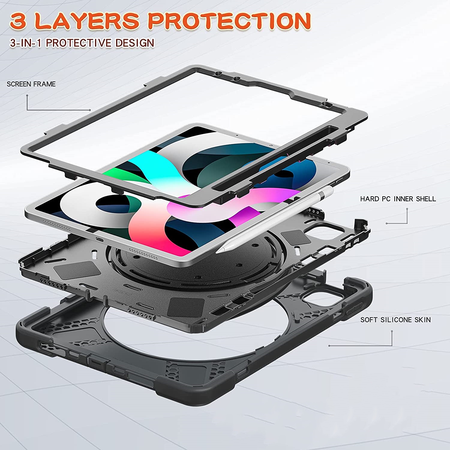 【CSmart】 Shockproof Rugged Defender Case with Rotate Stand for iPad Air 4 5 4th 5th Gen. / Pro 11" 1st 2nd 3rd Gen., Black