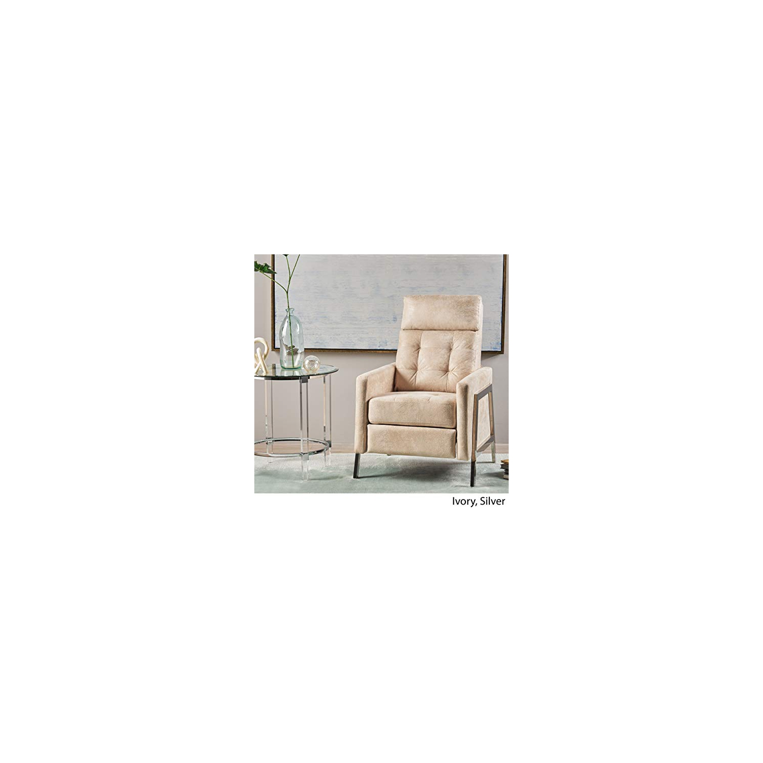 Baron Modern Tufted Microfiber Push Back Recliner with Stainless Steel Legs, Ivory and Gray