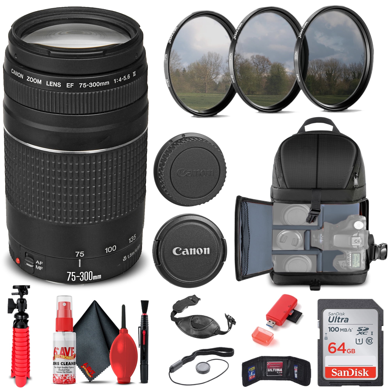 Canon EF 75-300mm f/4-5.6 III Lens + Filter Kit + BackPack + More