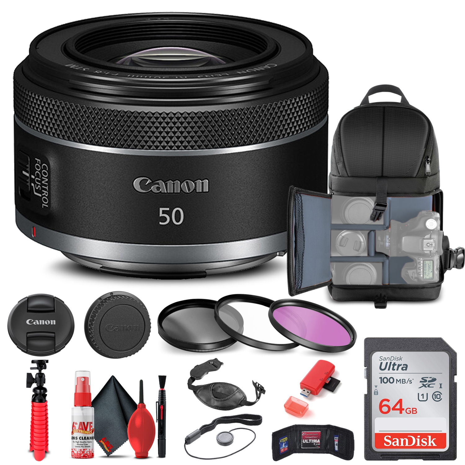 Canon RF 50mm f/1.8 STM Lens (4515C002) + Filter + BackPack + 64GB Card + More