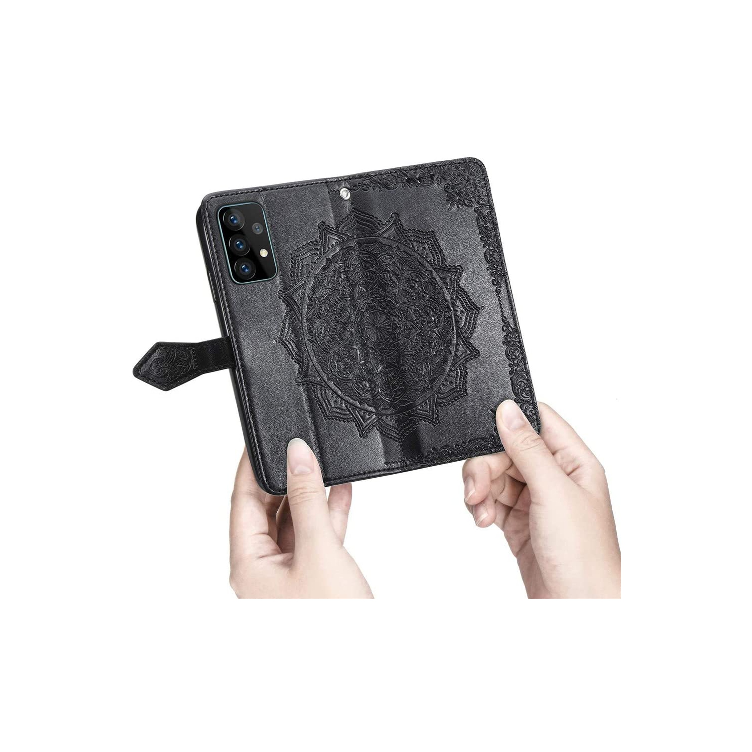 MyCase Étui portefeuille Motif mandala vert Étui à rabat avec porte-cartes et dragonne Cuir synthétique Magnétique pour Samsung Galaxy S21FE -Noir