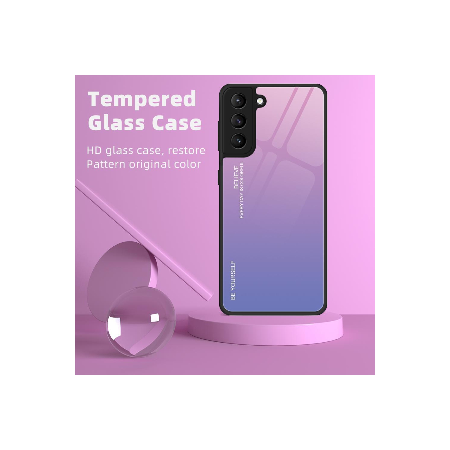 RIVIERA Verre Trempé Dégradé Design Coque Arrière Rigide Antichoc Coque de Protection en Silicone Bumper Anti-Rayures pour Samsung Galaxy S22 -Rose