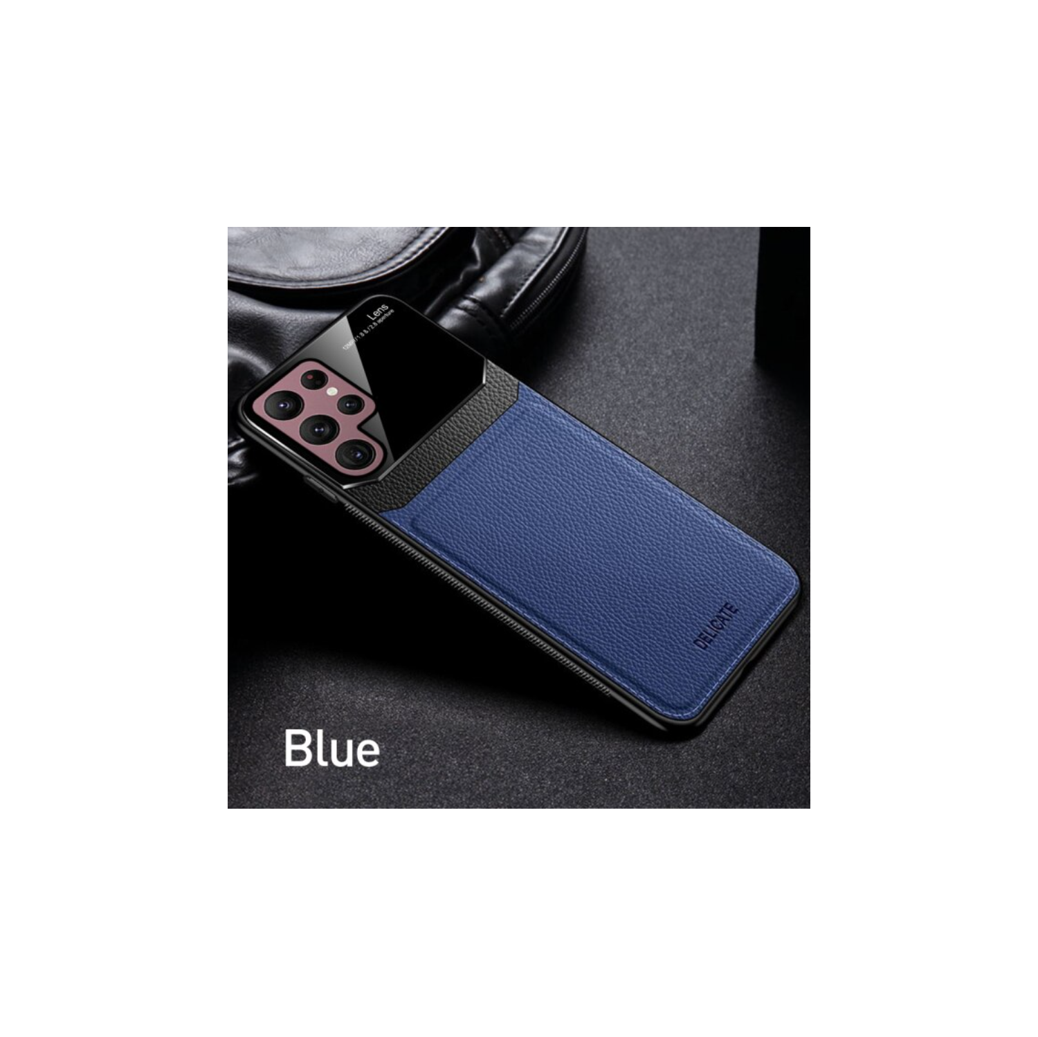 Delfin Leather Case Anti Slide Camera Protection Shockproof cover Plexiglass Bumper Phone Case Slim Cover for Samsung Galaxy S22 ULTRA -Blue (FREE SHIPPING)