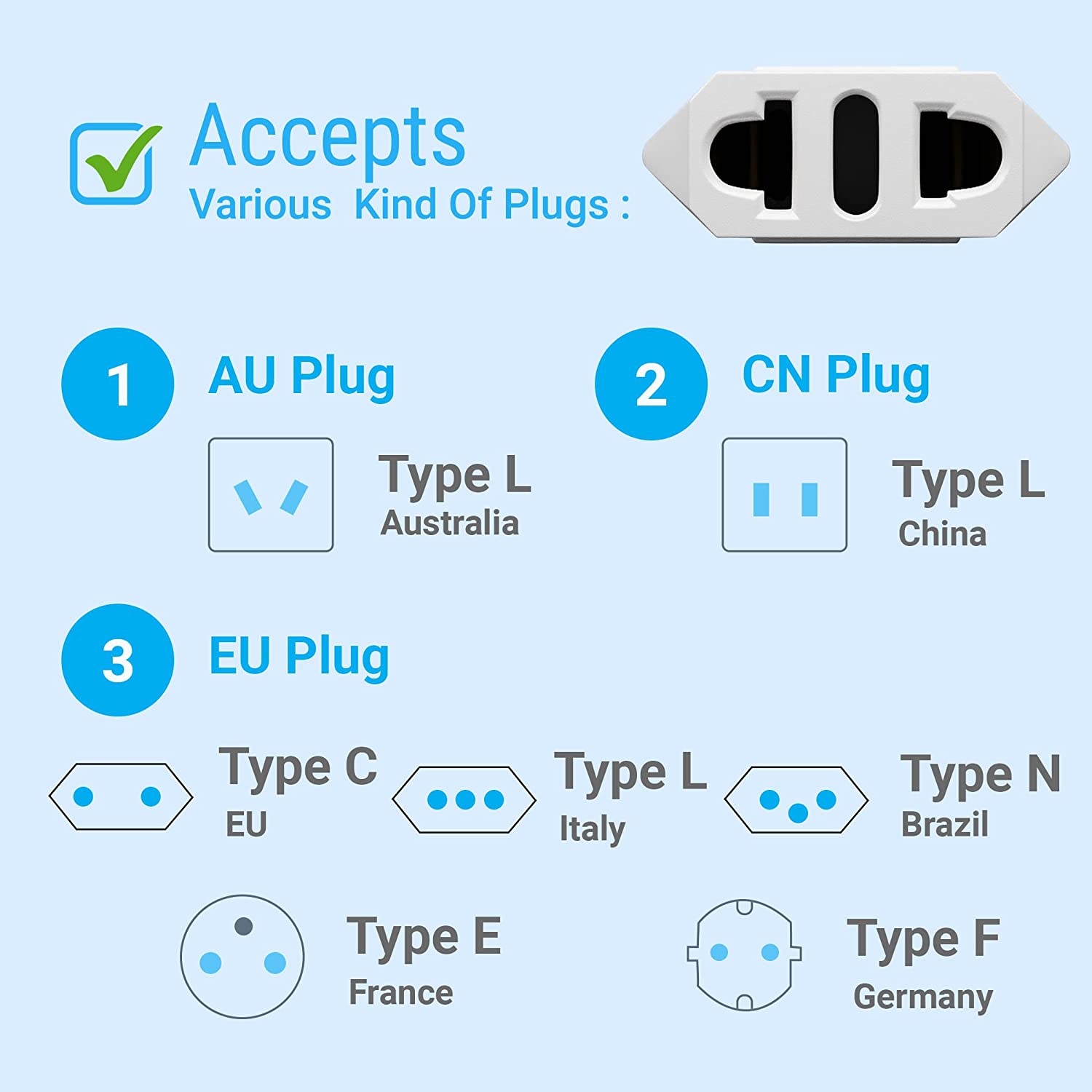 6 Pack of European to US/CA Plug Adapter Travel Power Plug Universal Power Jack Wall Plug Converter Input Europe/Asia to USA/Canada-White