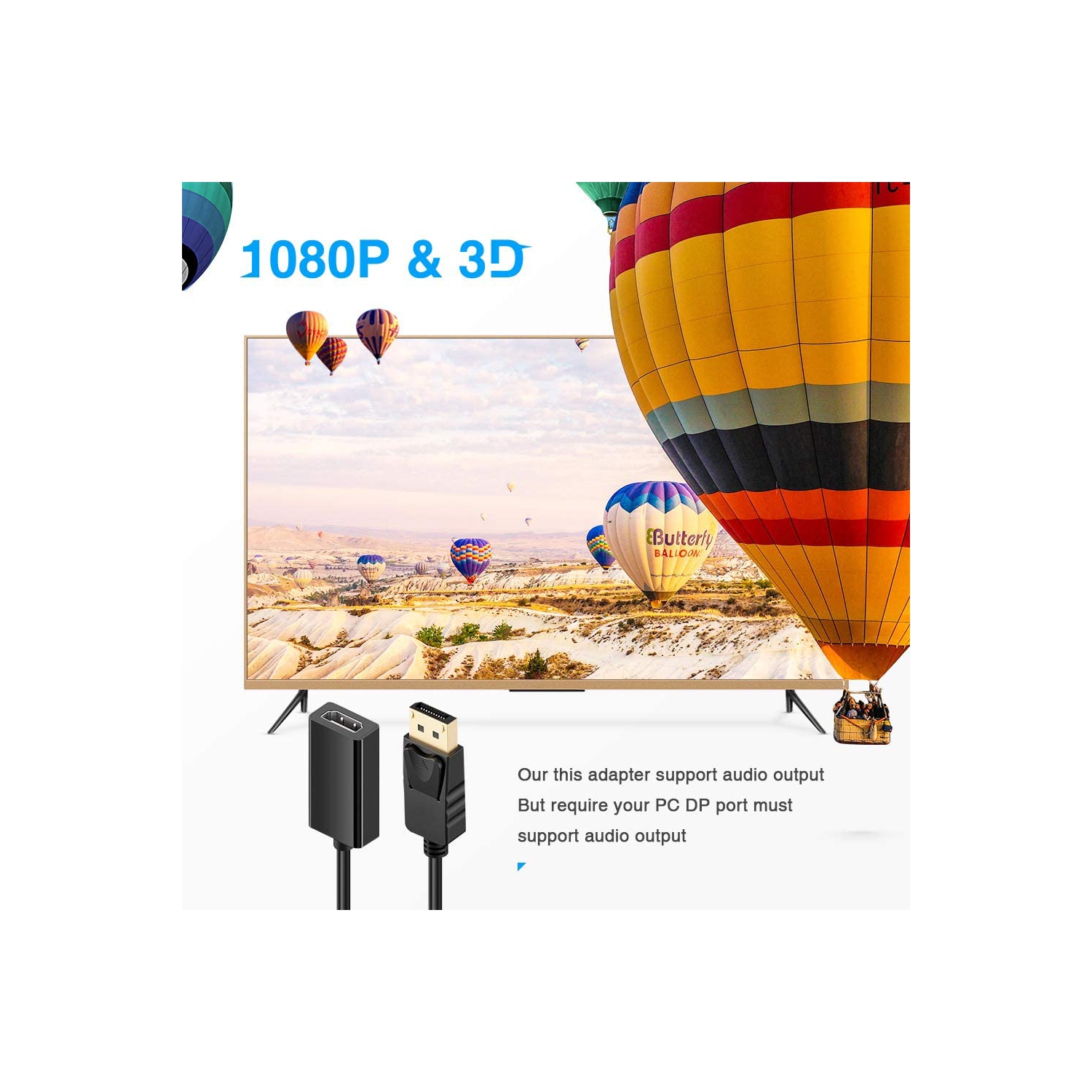 Adaptateur DisplayPort vers HDMI convertisseur mâle vers femelle câble audio 3D 1080p plaqué or compatible avec ordinateur, ordinateur portable PC