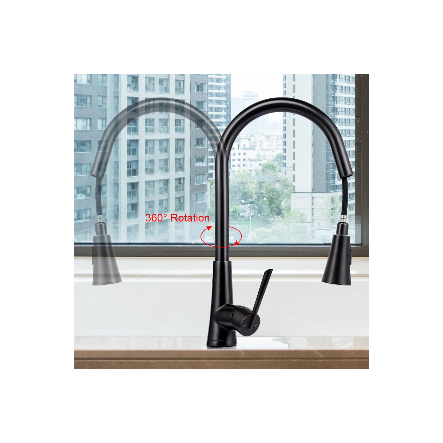 LIVINGbasics Robinet d'évier de cuisine à poignée unique et pulvérisateur à arc élevé, noir mat