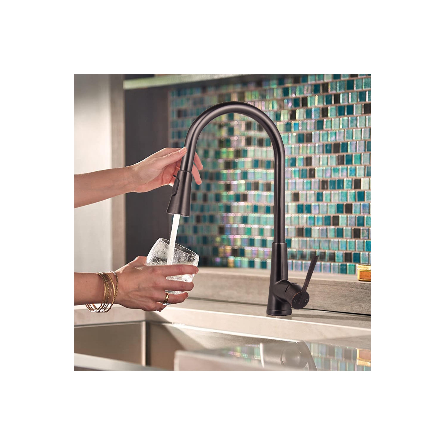 LIVINGbasics Single-Handle Pull-Down High Arc Sprayer Kitchen Sink Faucet, Oil-Rubbed Bronze