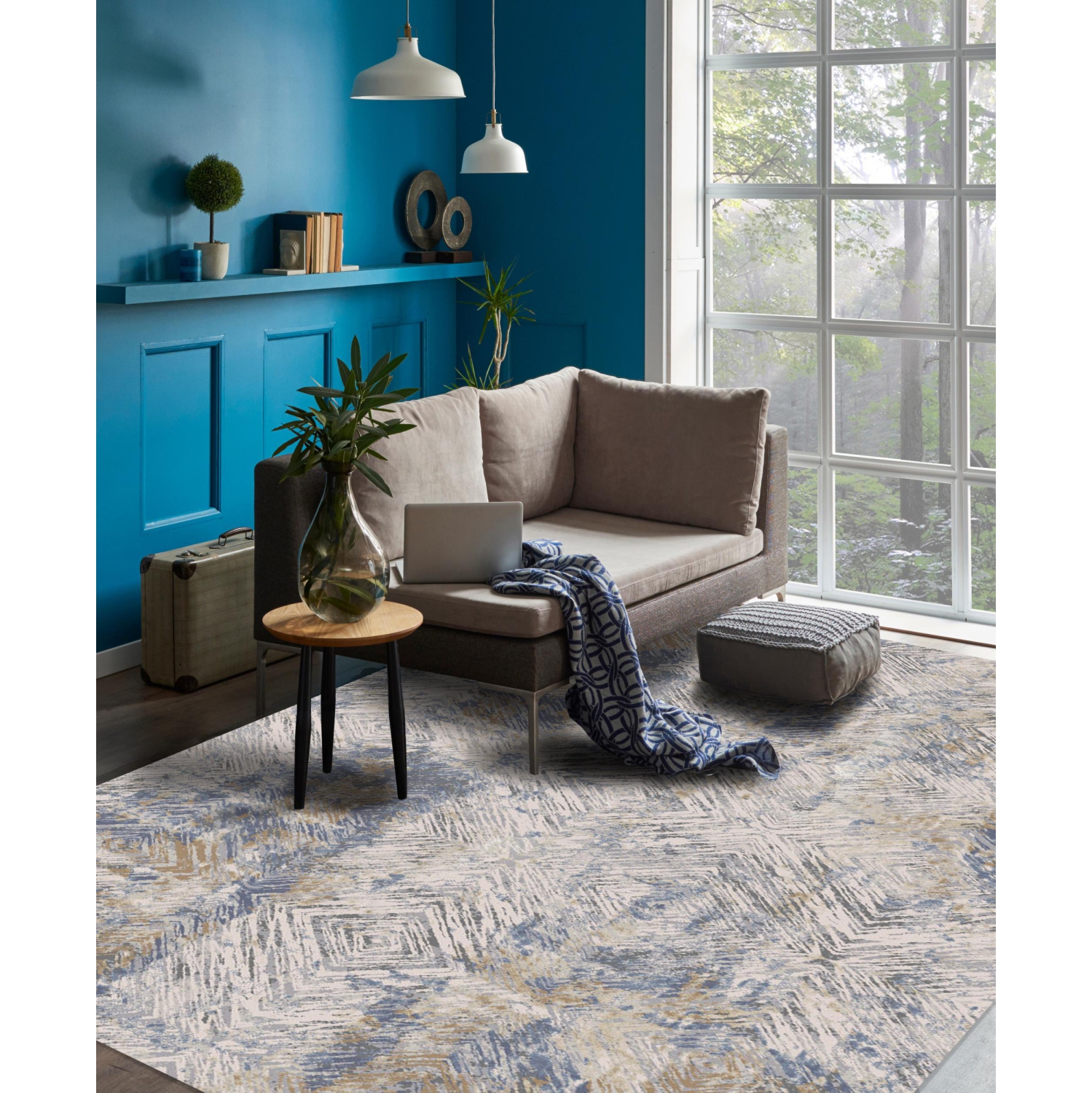 Tapis d'intérieur transitionnel abstrait Marisol Branch, bleu marine/beige