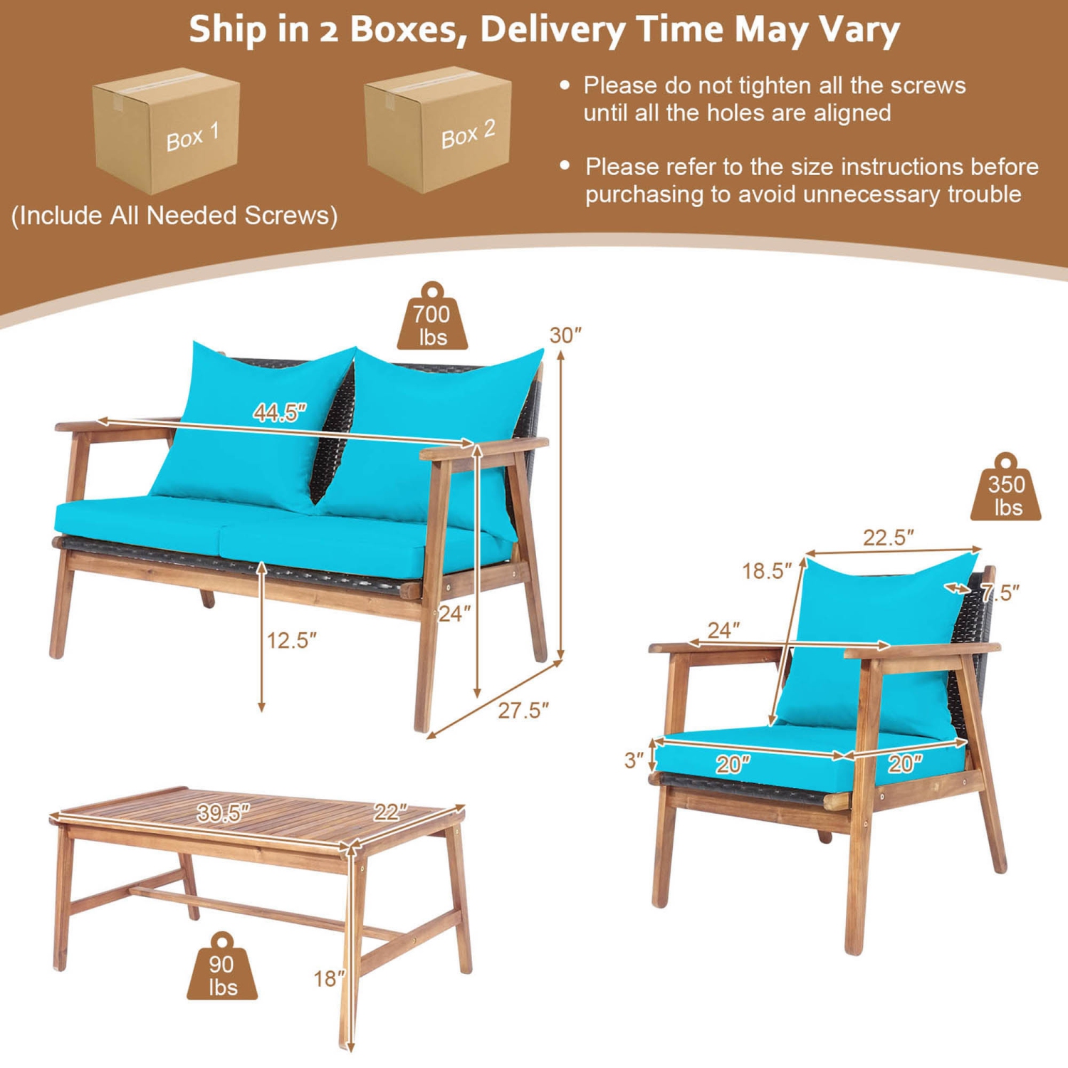 Gymax 4PCS Patio Conversation Set Wood Frame Furniture Set w/ Turquoise Cushions