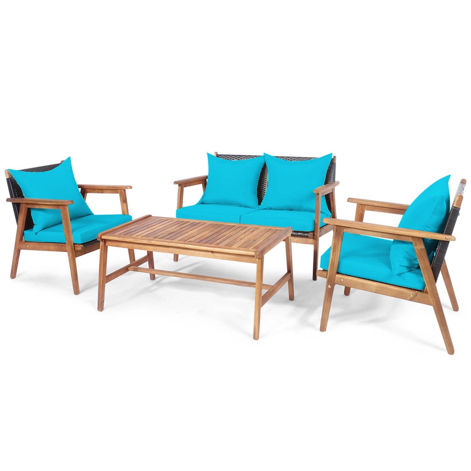 Gymax 4PCS Patio Conversation Set Wood Frame Furniture Set w/ Turquoise Cushions