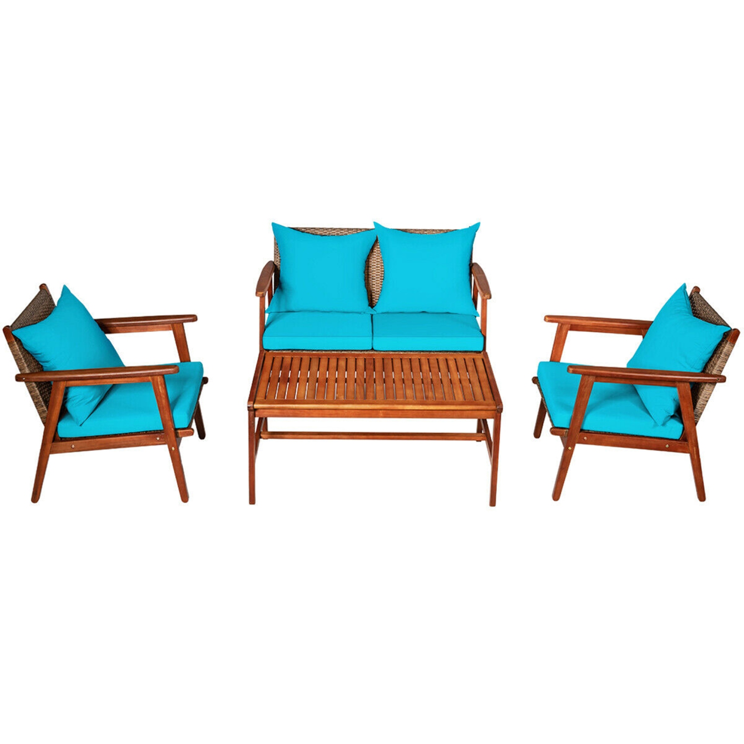 Gymax 4PCS Patio Conversation Set Wood Frame Furniture Set w/ Turquoise Cushions