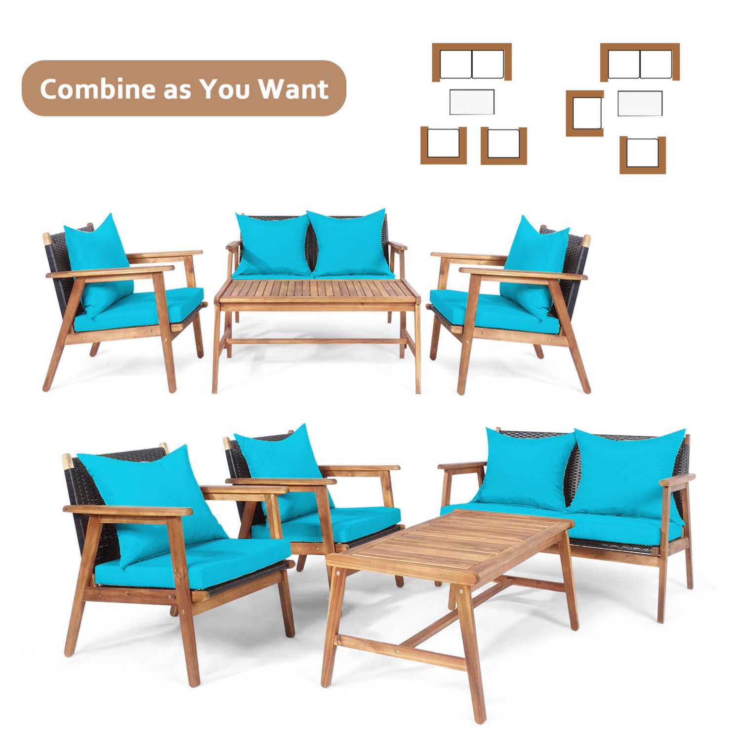 Gymax 8PCS Patio Conversation Set Wood Frame Furniture Set w/ Turquoise Cushions