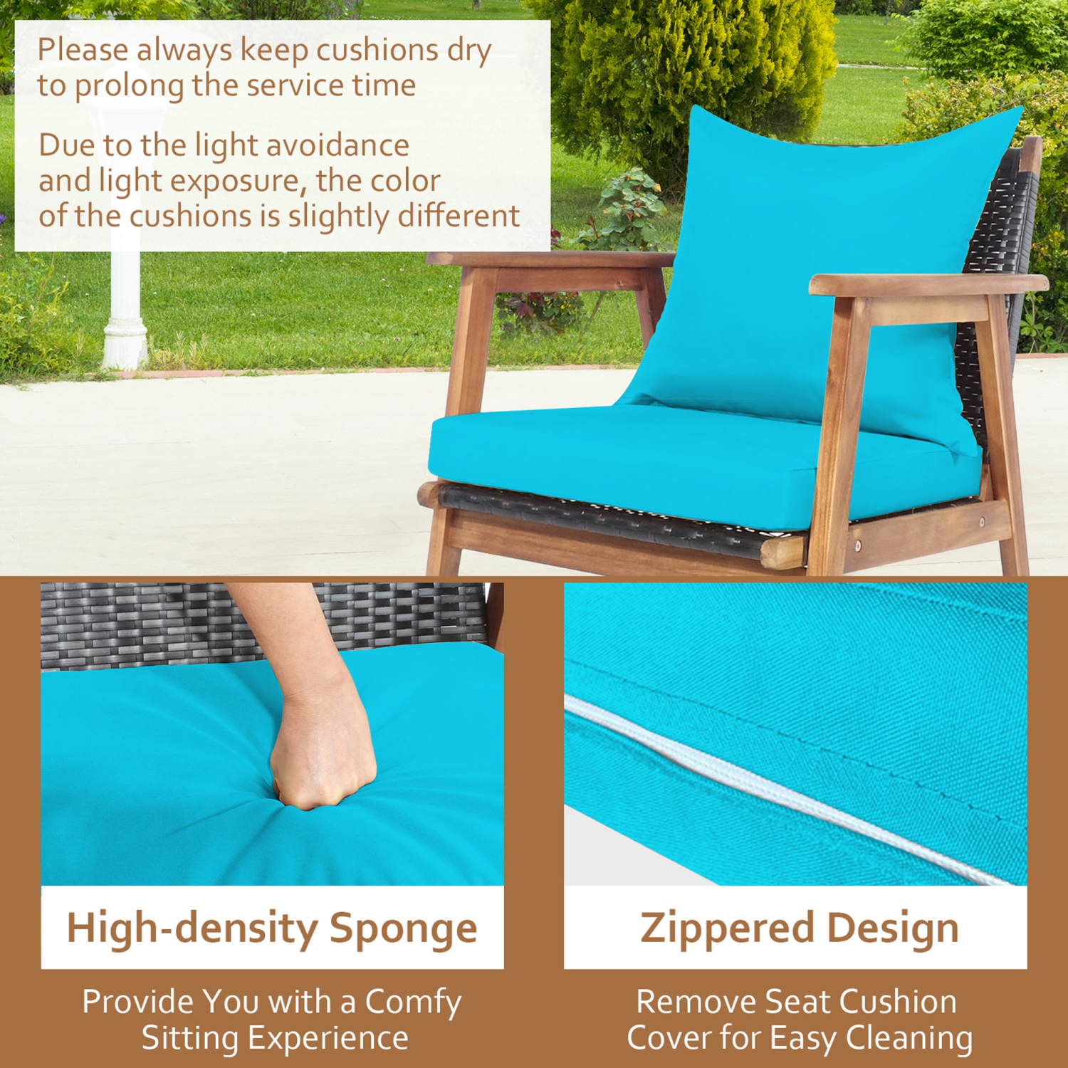 Gymax 8PCS Patio Conversation Set Wood Frame Furniture Set w/ Turquoise Cushions