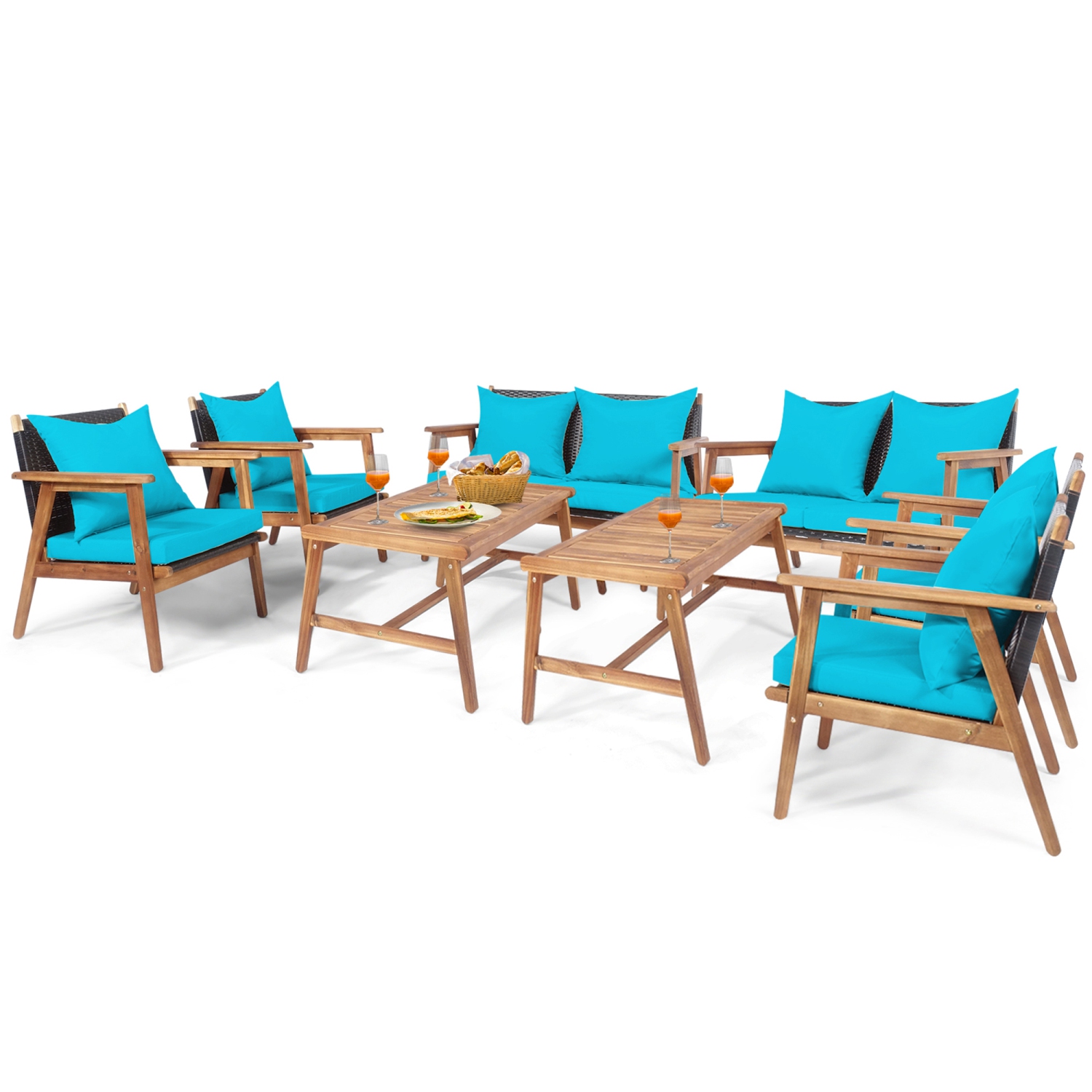 Gymax 8PCS Patio Conversation Set Wood Frame Furniture Set w/ Turquoise Cushions