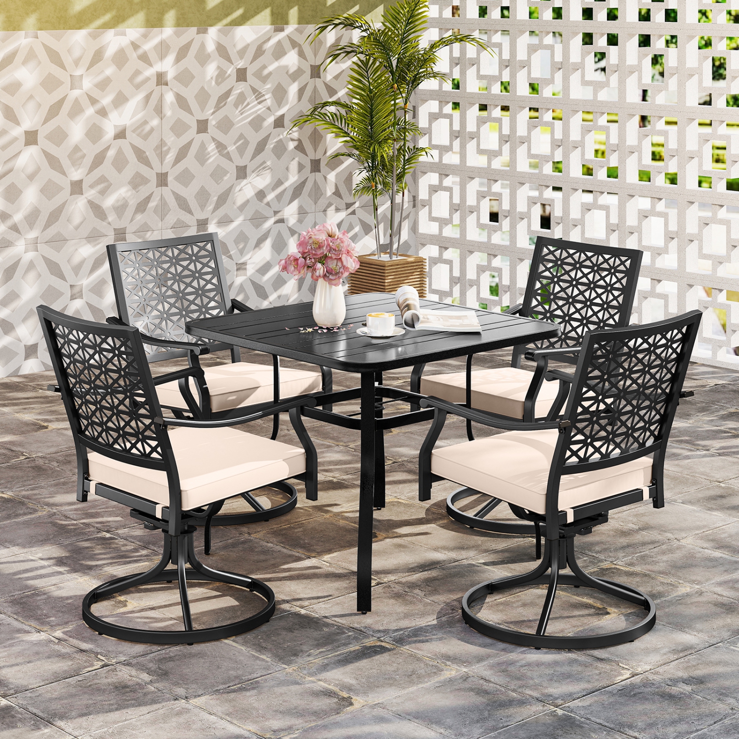 Gymax 4 Pieces Outdoor Swivel Chairs Patio Dining Chairs w/ Padded Cushions Beige & Black