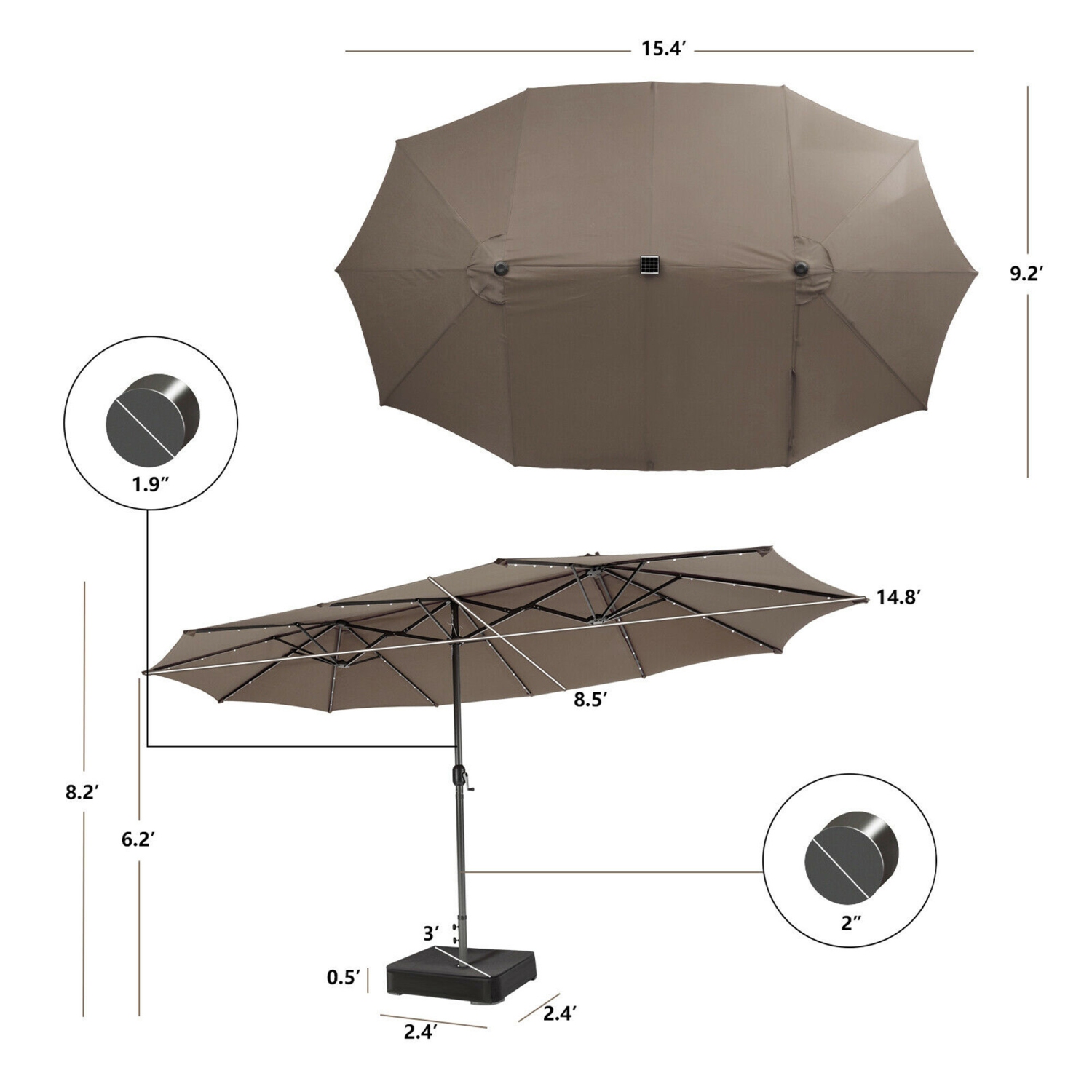 Gymax Outdoor 15' Double-Sided Patio Umbrella 48 Solar LED Lights Crank & Base