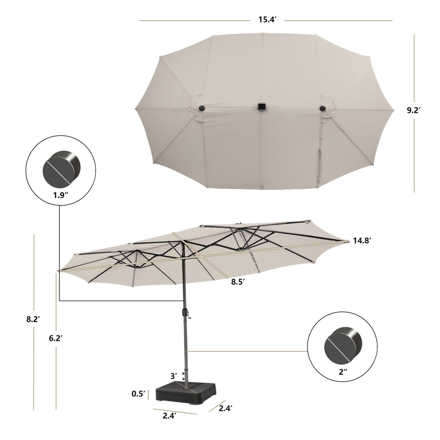 Gymax Outdoor 15' Double-Sided Patio Umbrella 48 Solar LED Lights Crank & Base