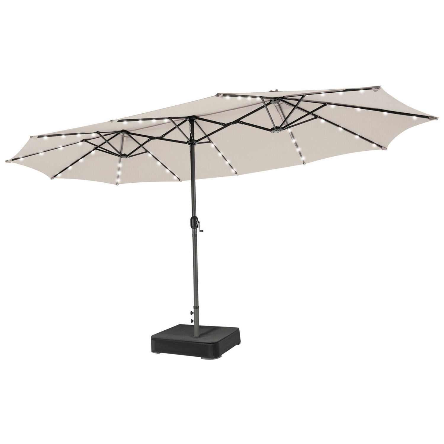 Gymax Outdoor 15' Double-Sided Patio Umbrella 48 Solar LED Lights Crank & Base