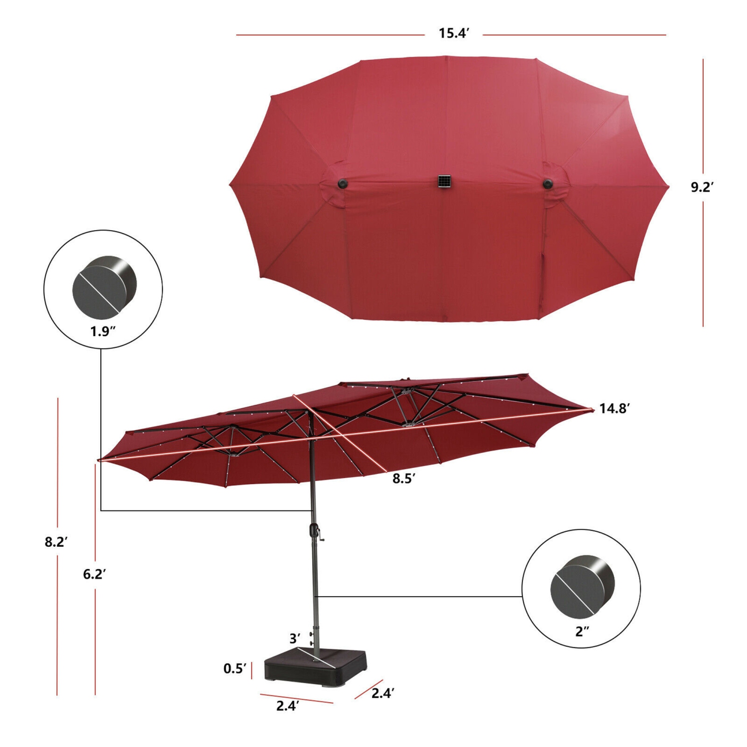 Gymax Outdoor 15' Double-Sided Patio Umbrella 48 Solar LED Lights Crank & Base