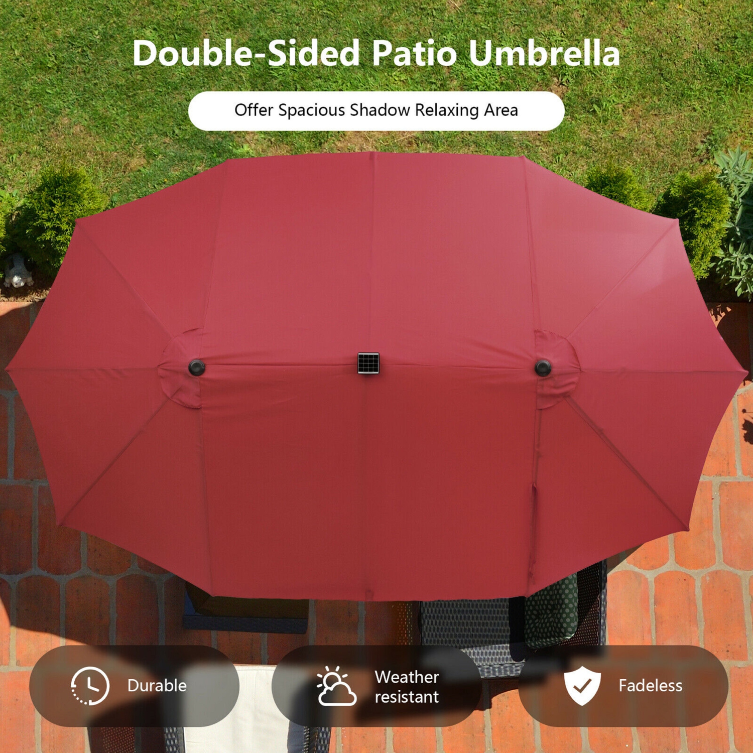 Gymax Outdoor 15' Double-Sided Patio Umbrella 48 Solar LED Lights Crank & Base