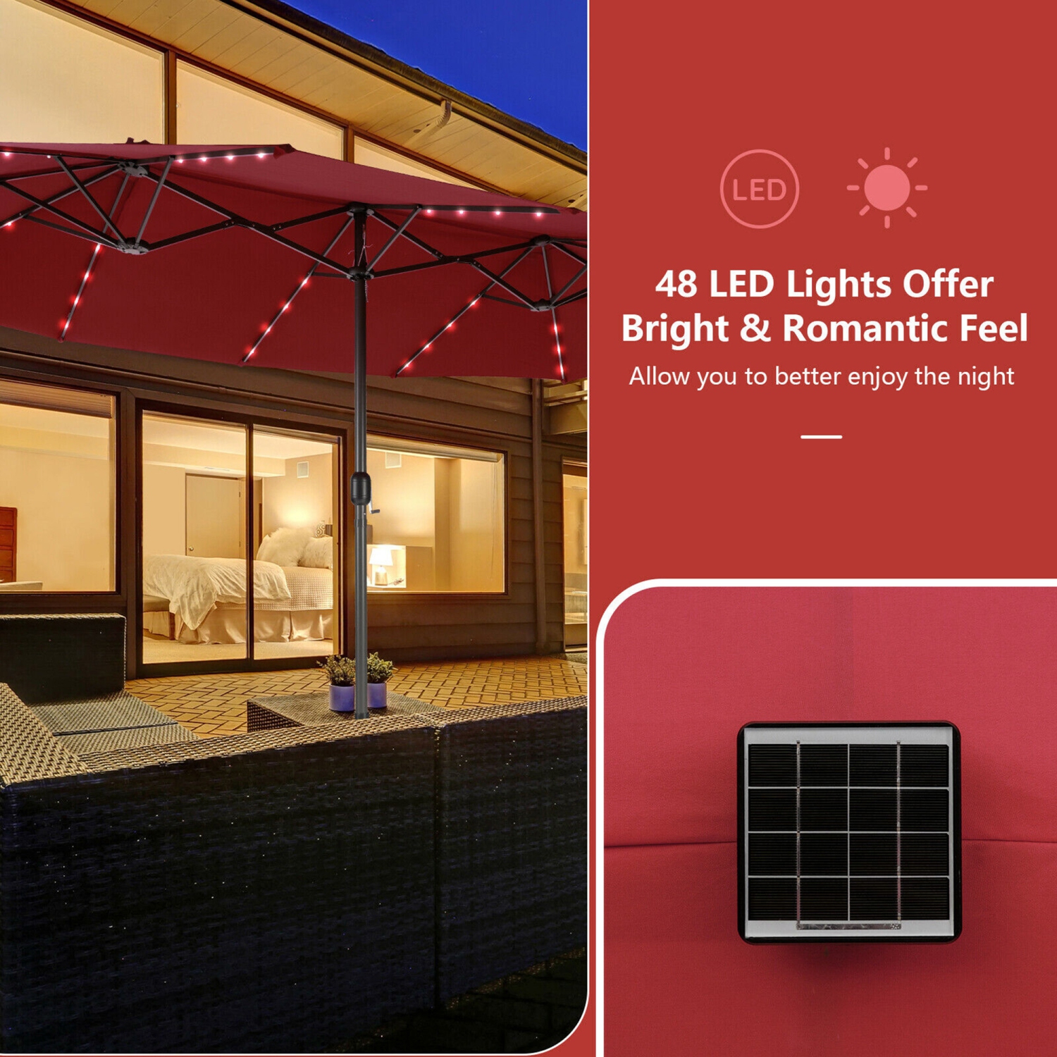 Gymax Outdoor 15' Double-Sided Patio Umbrella 48 Solar LED Lights Crank & Base